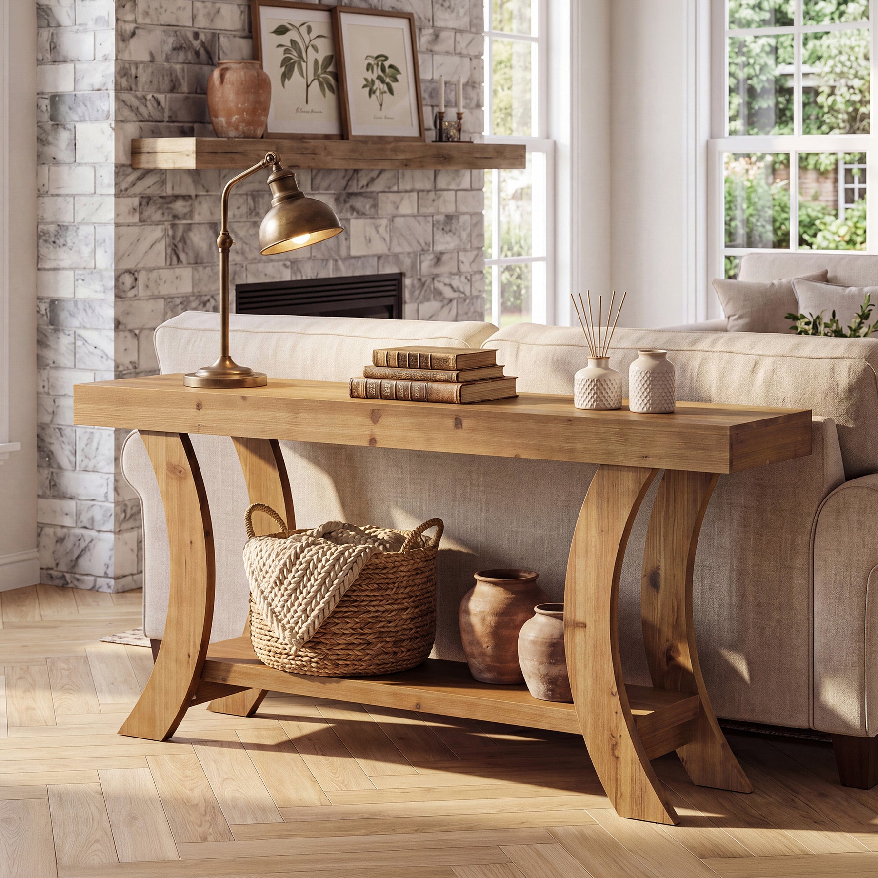 Tribesigns 63 Inch Solid Wood Console Table with Shelf, Arched Farmhouse Entryway and Sofa Table