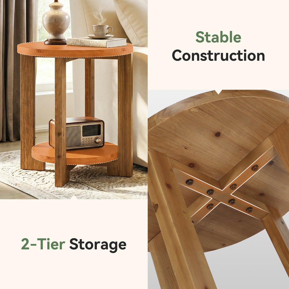 Tribesigns 19.69" Solid Wood Round End Table with 2-Tier Storage Shelf, Living Room Side Table