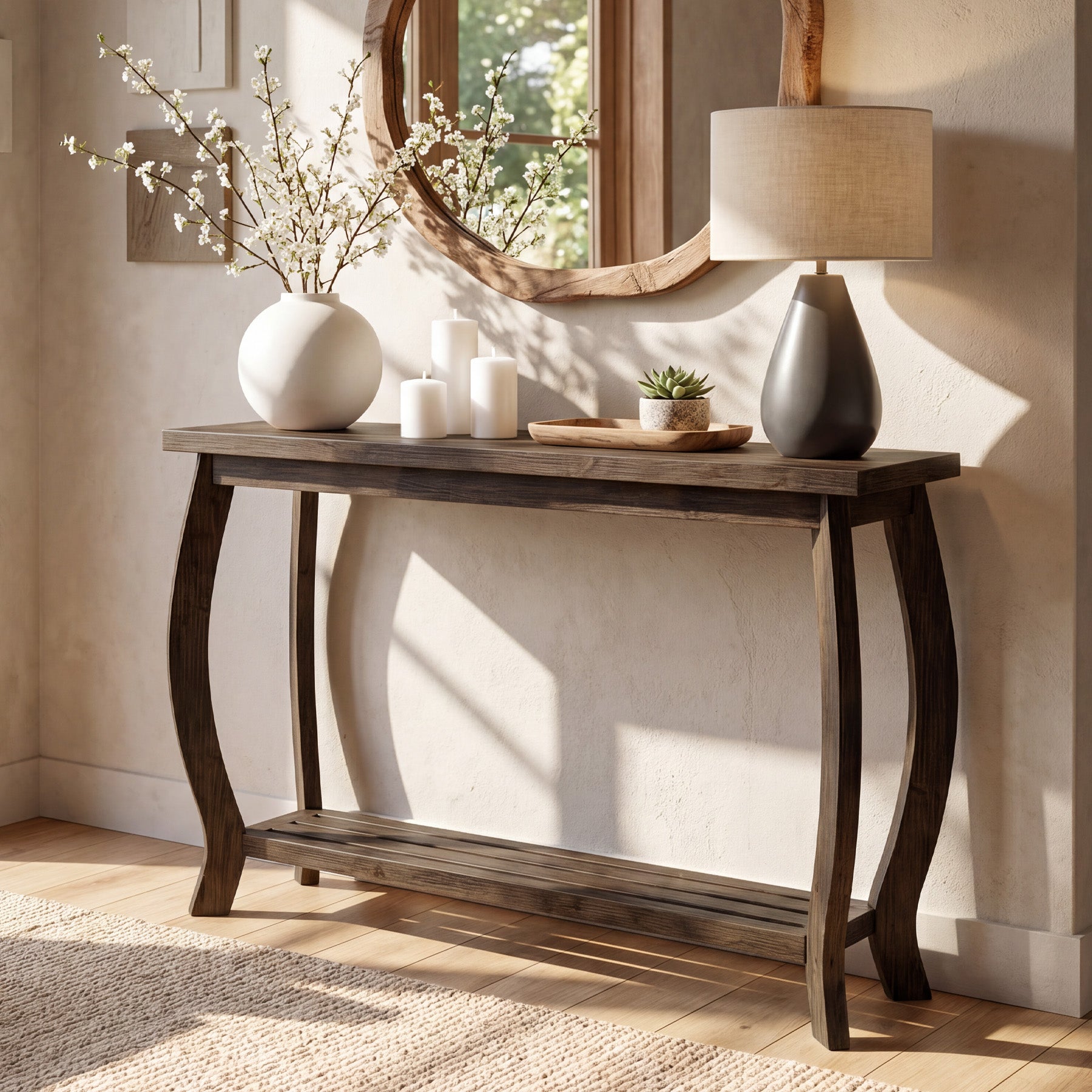 41.3 Inch Solid Wood Console Table with Curved Legs, Farmhouse Entryway Table with Shelf