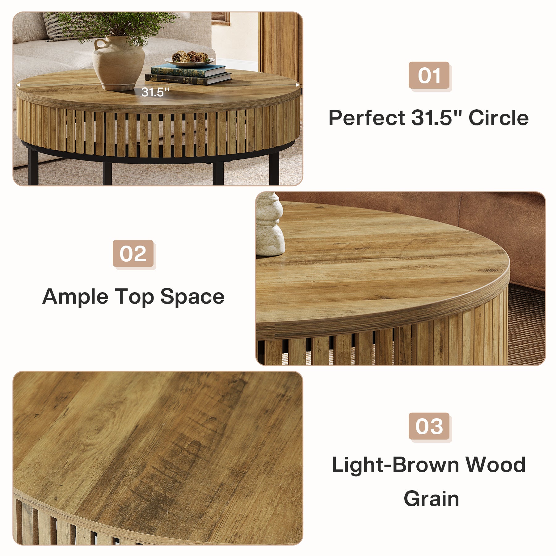Tribesigns 31.5-Inch Round Coffee Table, Farmhouse Cocktail Table with Black Metal Legs for Living Room