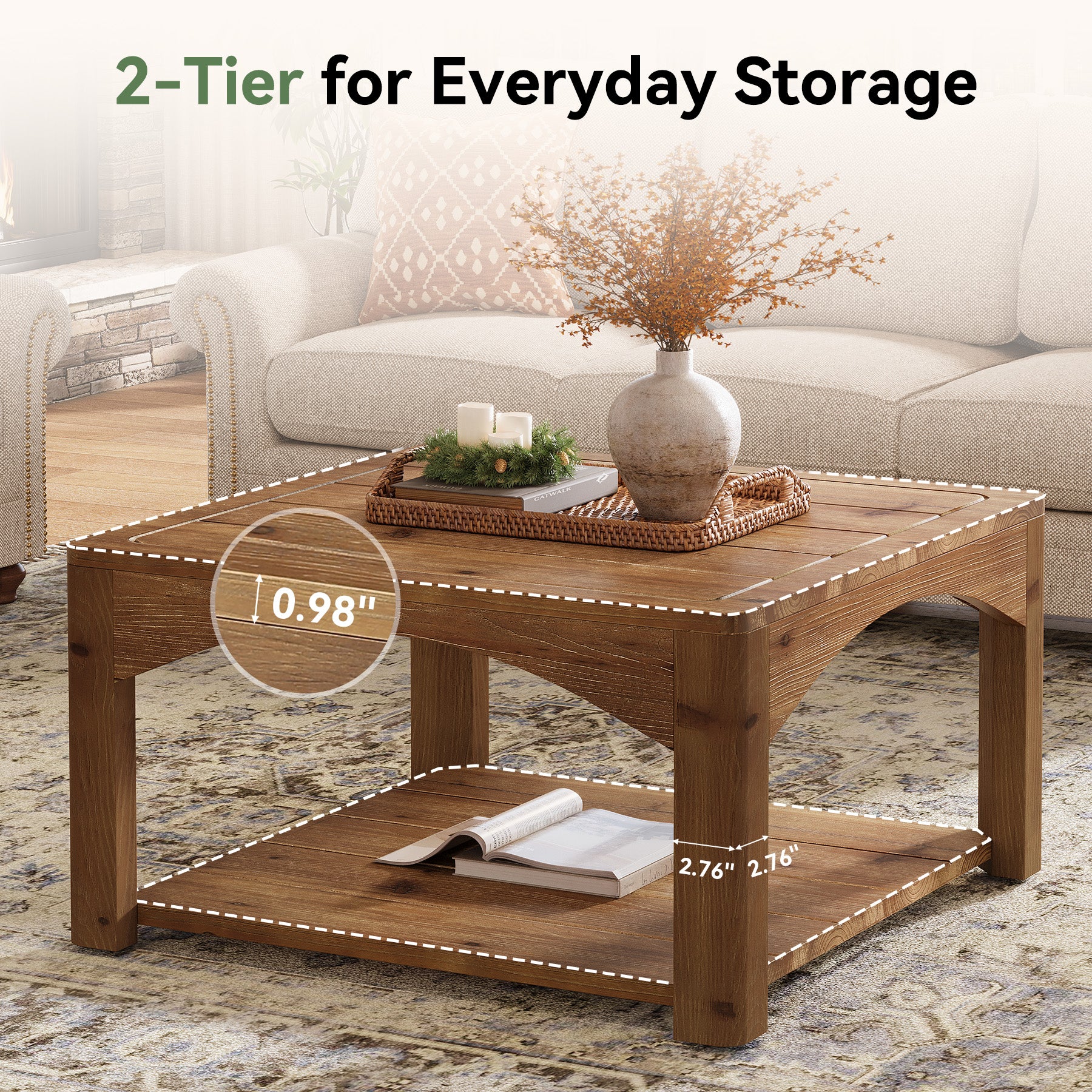 31.5" Square Solid Wood Coffee Table with 2-Tier Storage, Wooden Center Table for Living Room