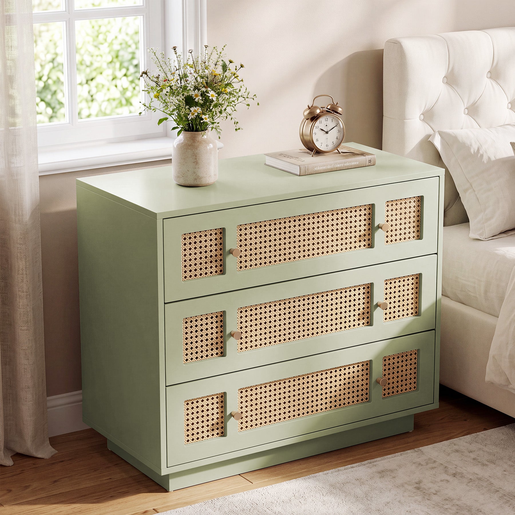Tribesigns 31.5 Inch Rattan Nightstand with 3 Drawers, Oversized Bedside Table for Bedroom