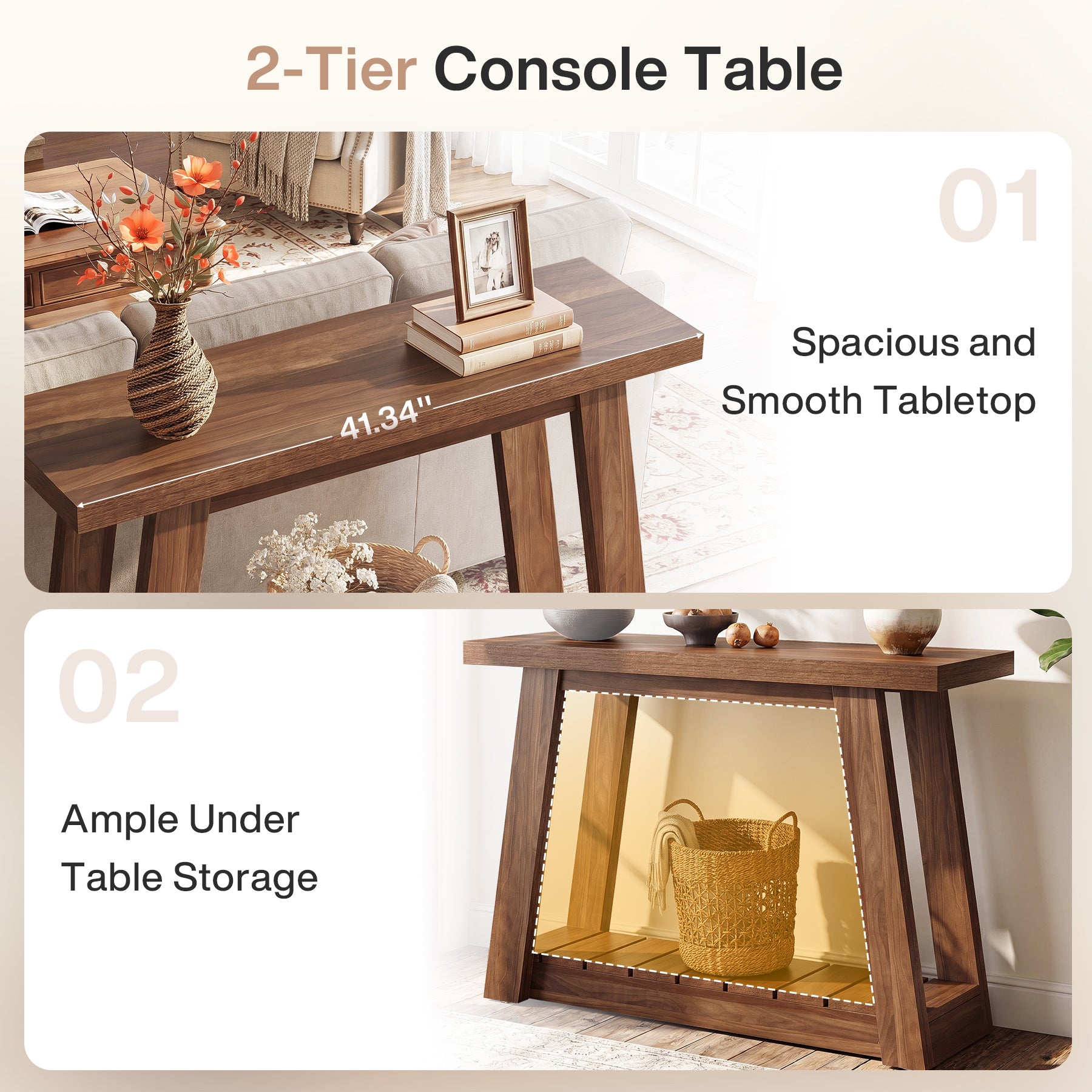 Tribesigns 41.3-Inch 2-Tier Wood Console Table, Narrow Entryway Storage Sofa Table with Open Shelves for Living Room and Hallway