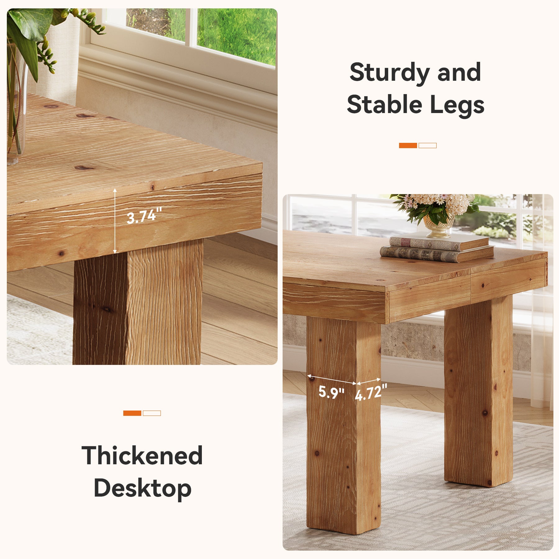 63-Inch Solid Wood Executive Desk with 3.74-Inch Thick Desktop and 350 lb Capacity, Farmhouse Computer Desk for Home Office Study and Business Workstation
