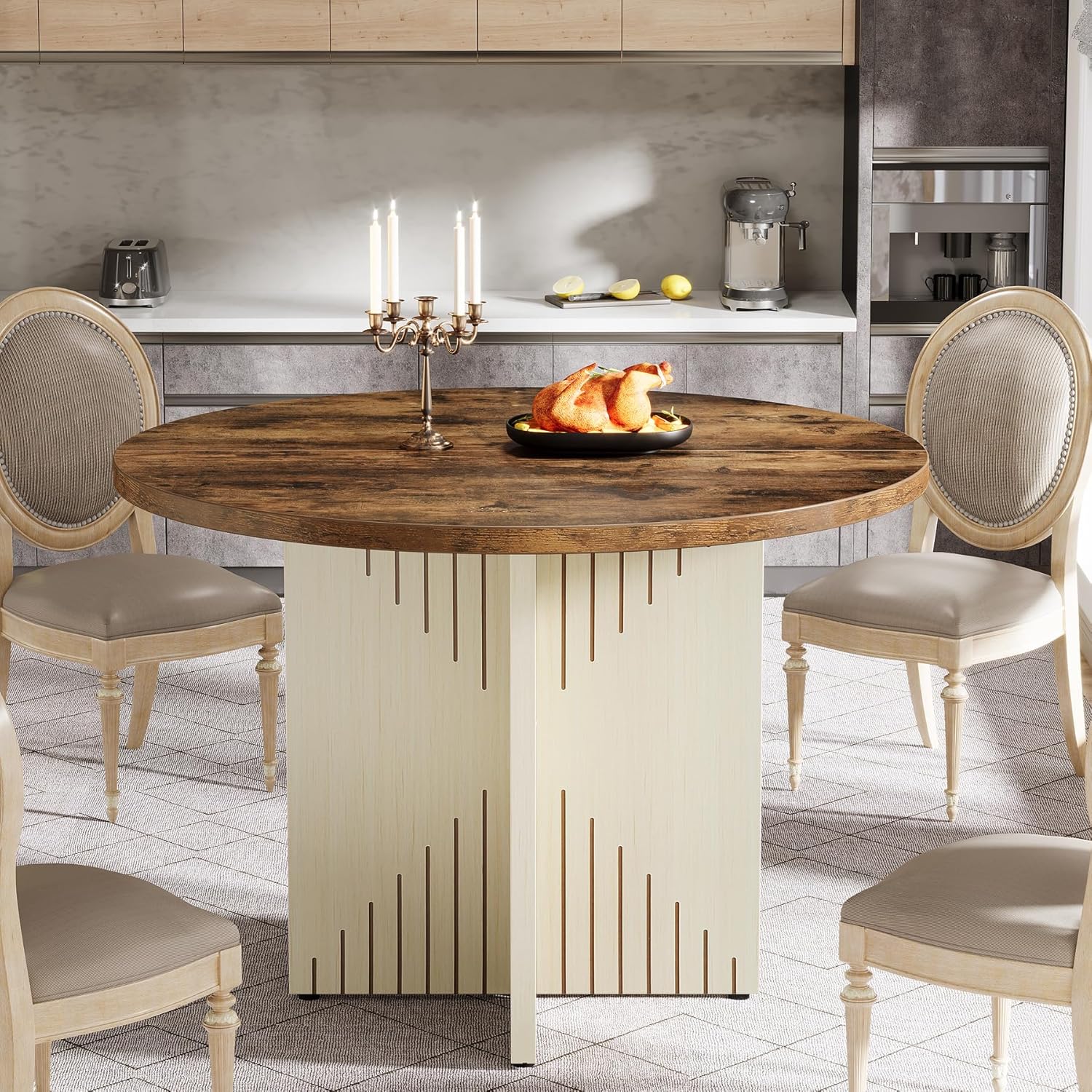 39" Round Farmhouse Dining Table for 4 with Pedestal Base - All Wood Kitchen Table in Brown & Beige