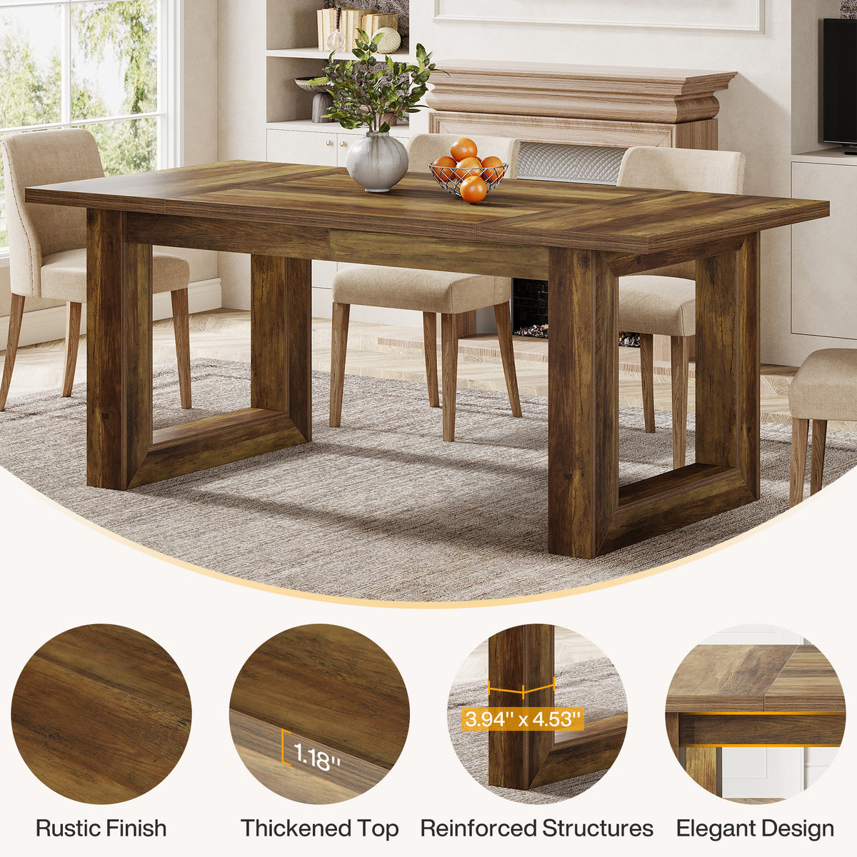 63 Inch Rectangular Dining Table for 4-6, Modern Kitchen Table with Square Base for Dining Room