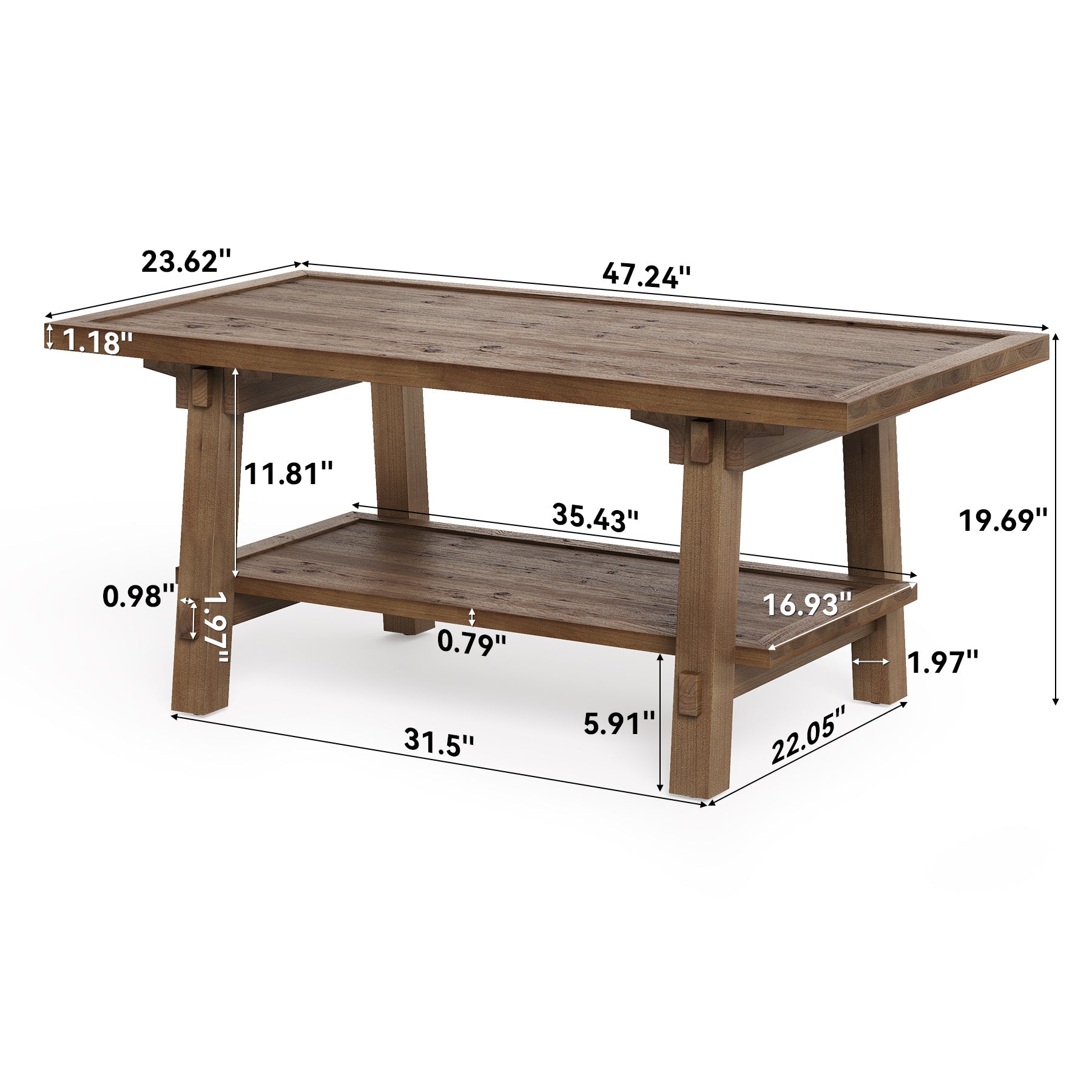 47 Inch Solid Wood Coffee Table, Rustic Farmhouse Rectangle Center Table