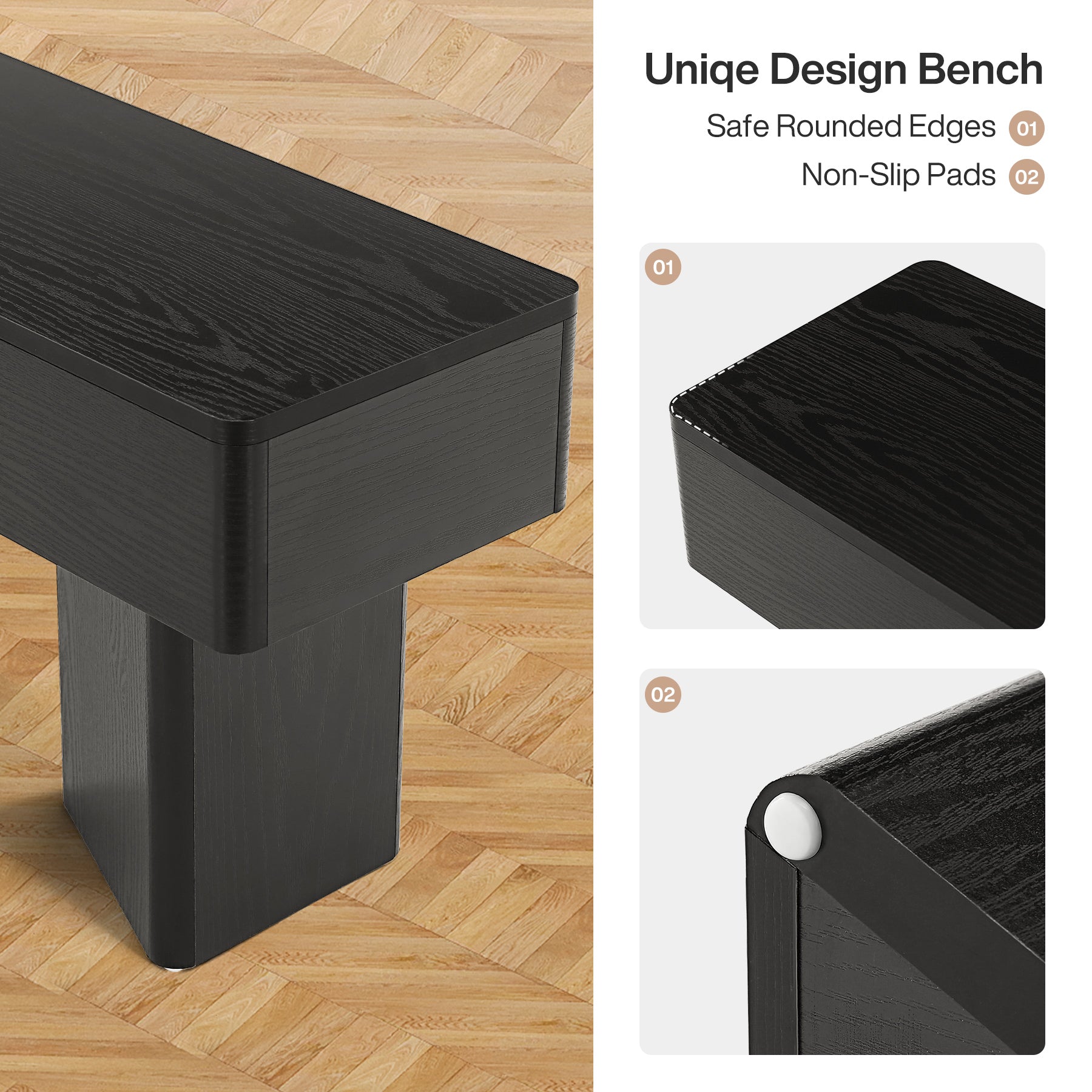 47.24-Inch Black Kitchen Table Bench with Rounded Edges, Modern Dining Bench for Dining Room