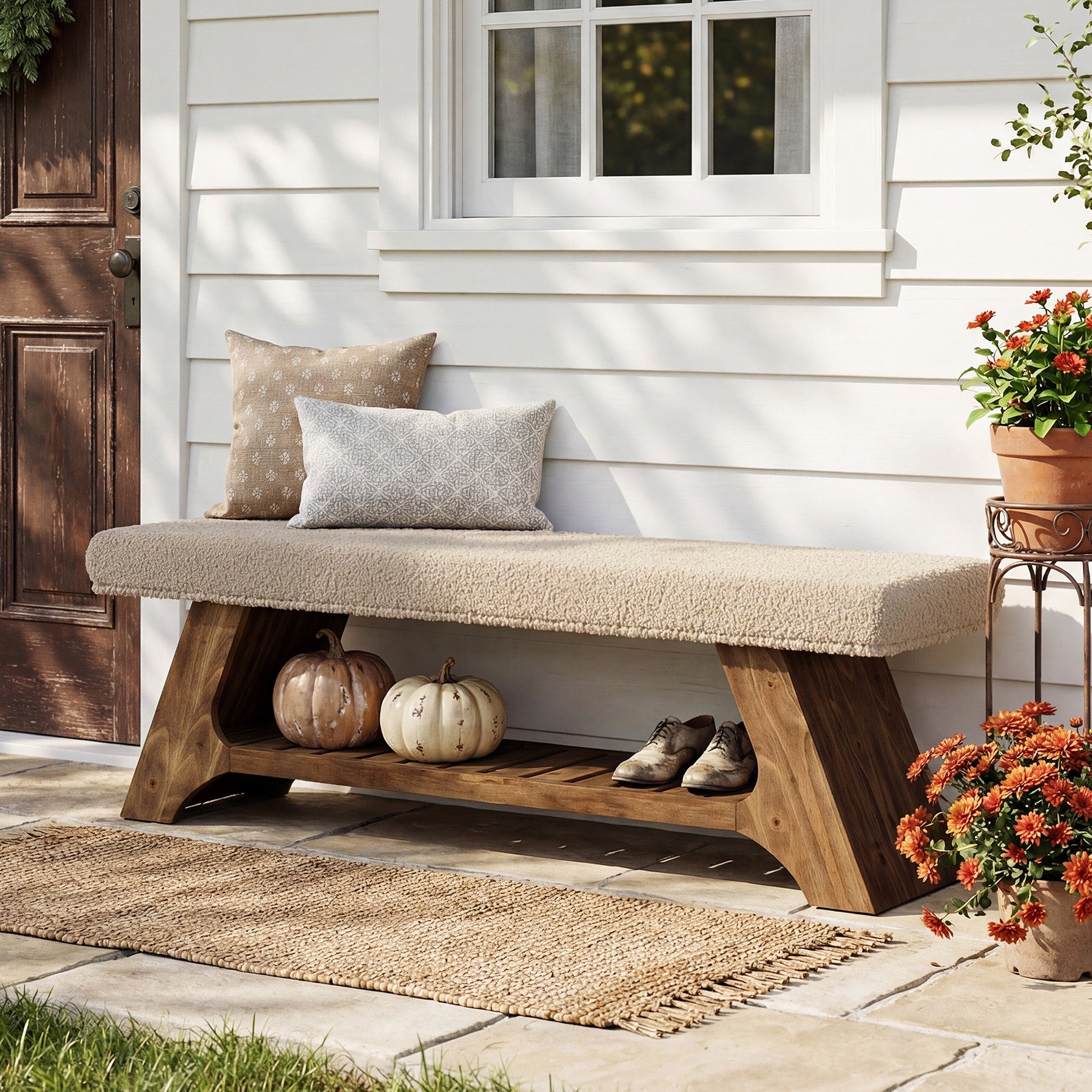 55" Solid Wood Storage Bench with Cushion, Upholstered Entryway Shoe Bench