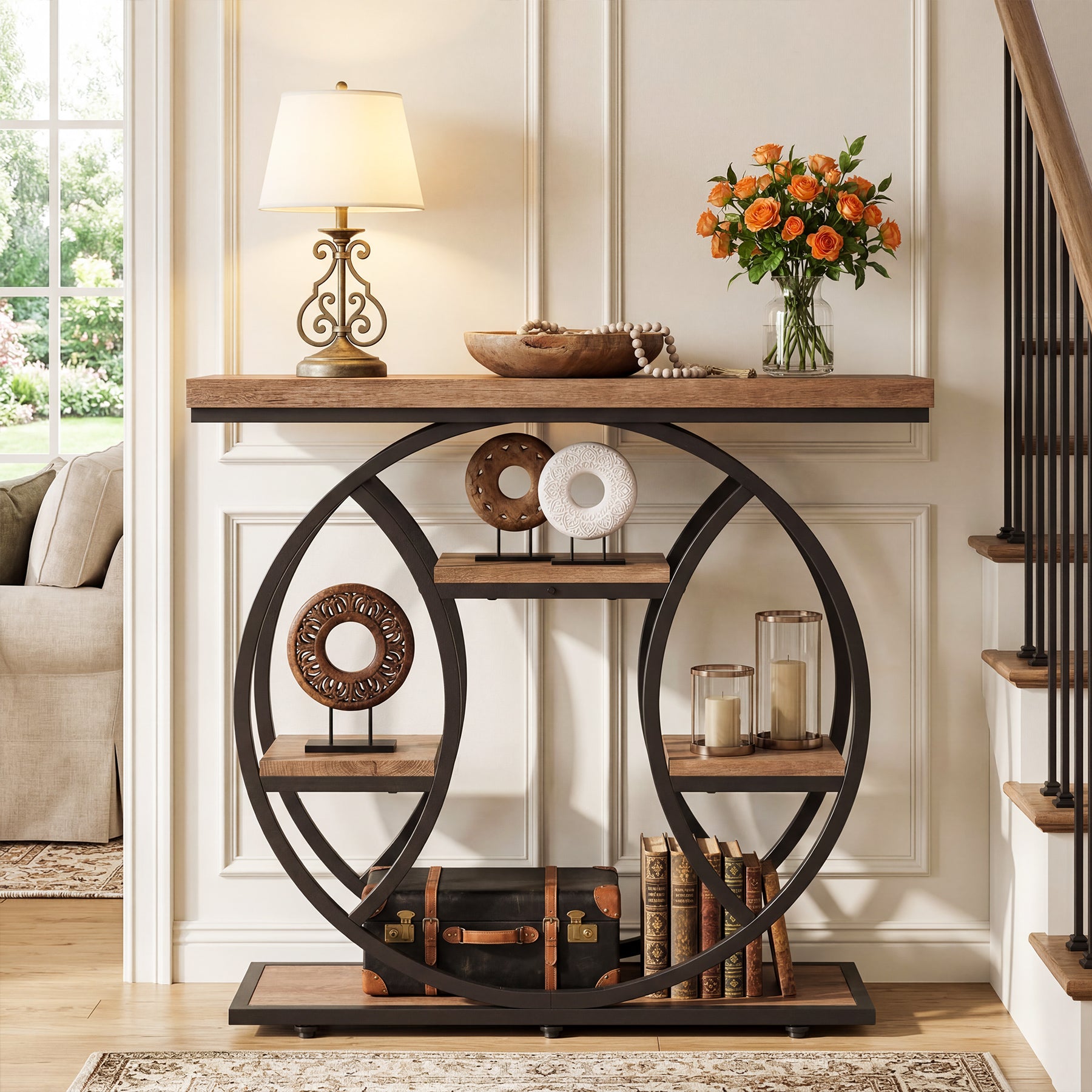41.3" Industrial Console Table with 4-Tier Storage, Entryway Sofa Table for Hallway Living Room Entrance