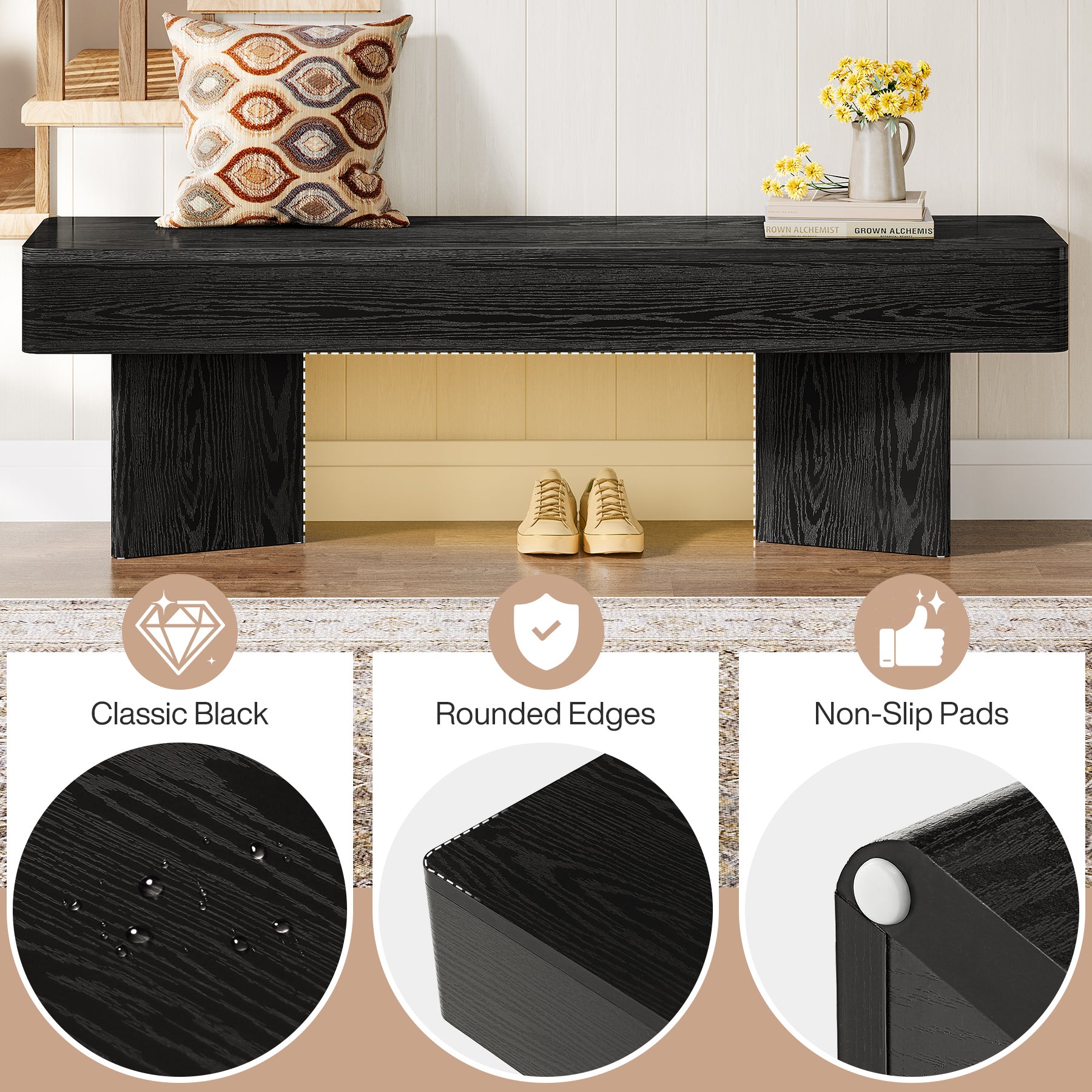 47.24-Inch Modern Indoor Bench with Black Finish and Rounded Edges，Modern Wooden Bench for Entryway