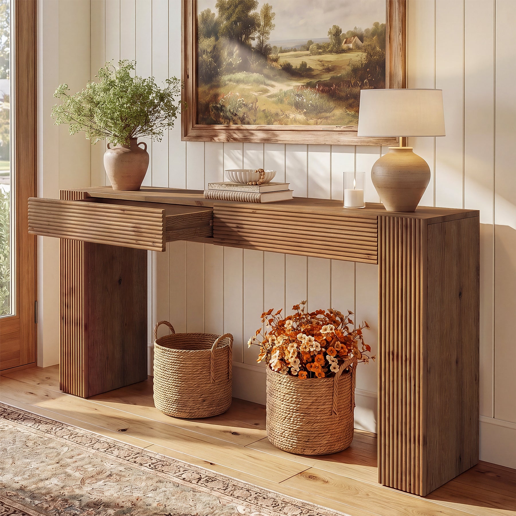 Tribesigns 63-Inch Solid Wood Console Table with 2 Drawers, Fluted Farmhouse Table for Hallway