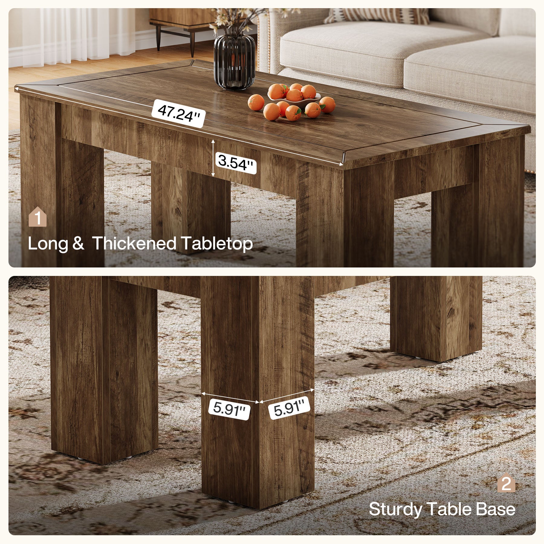 47" Rectangle Coffee Table for Living Room, Farmhouse Style Center Table with Sturdy Legs