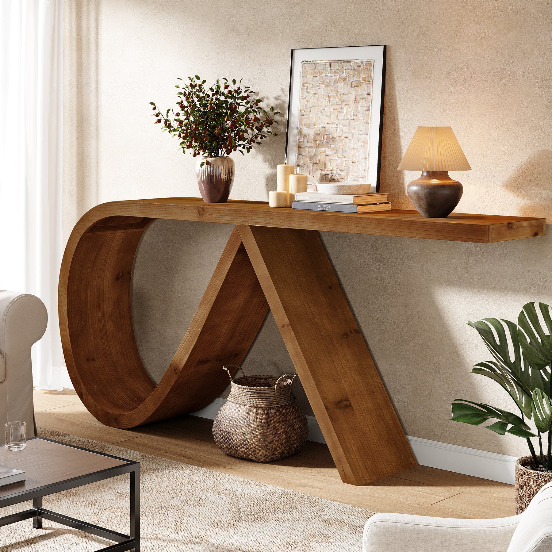 Tribesigns 57-Inch Curved Console Table, Solid Wood Sofa Table for Hallway