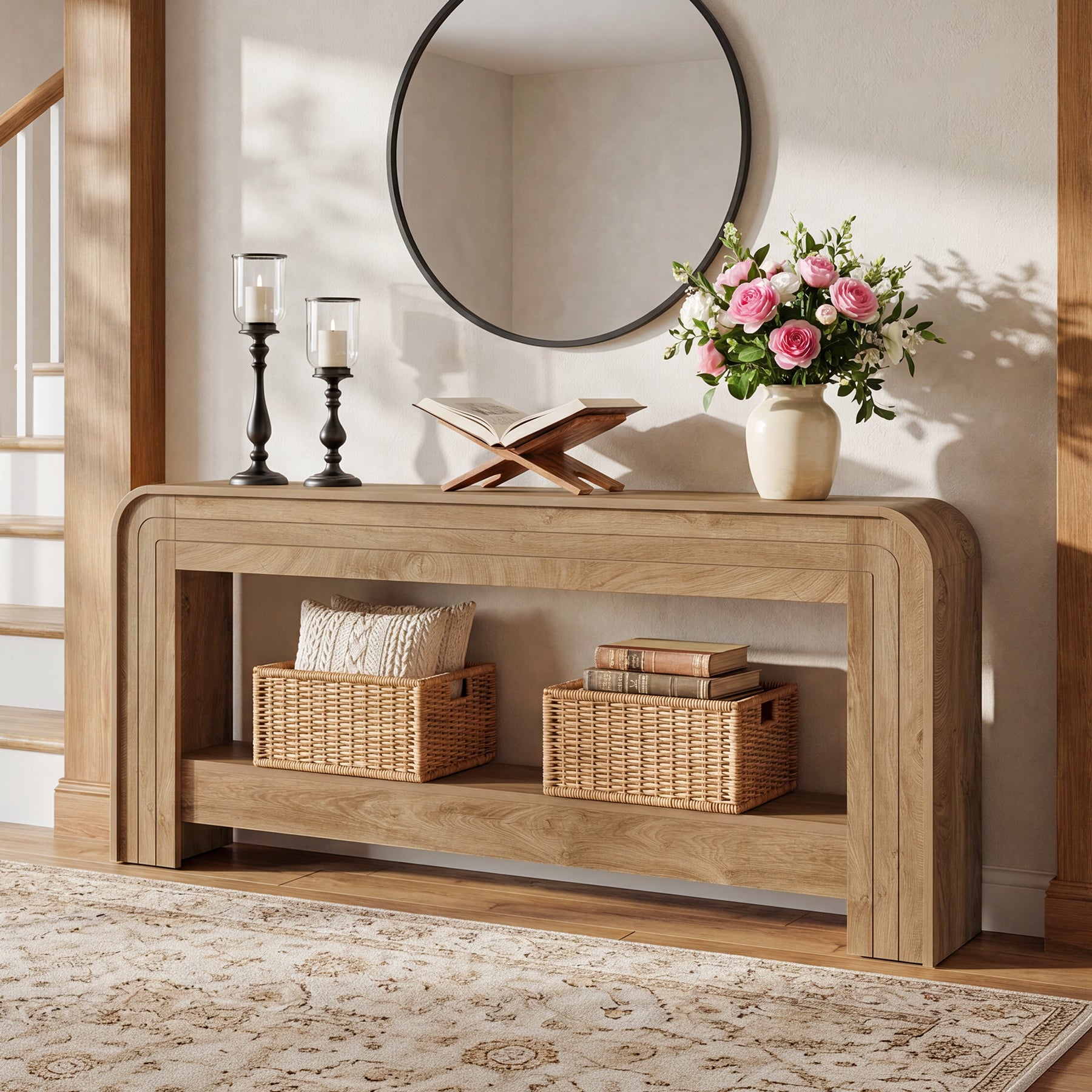 78.74 Inch Farmhouse Console Table with Open Storage Shelf and Curved Edges, Slim Entryway Sofa Table for Hallway