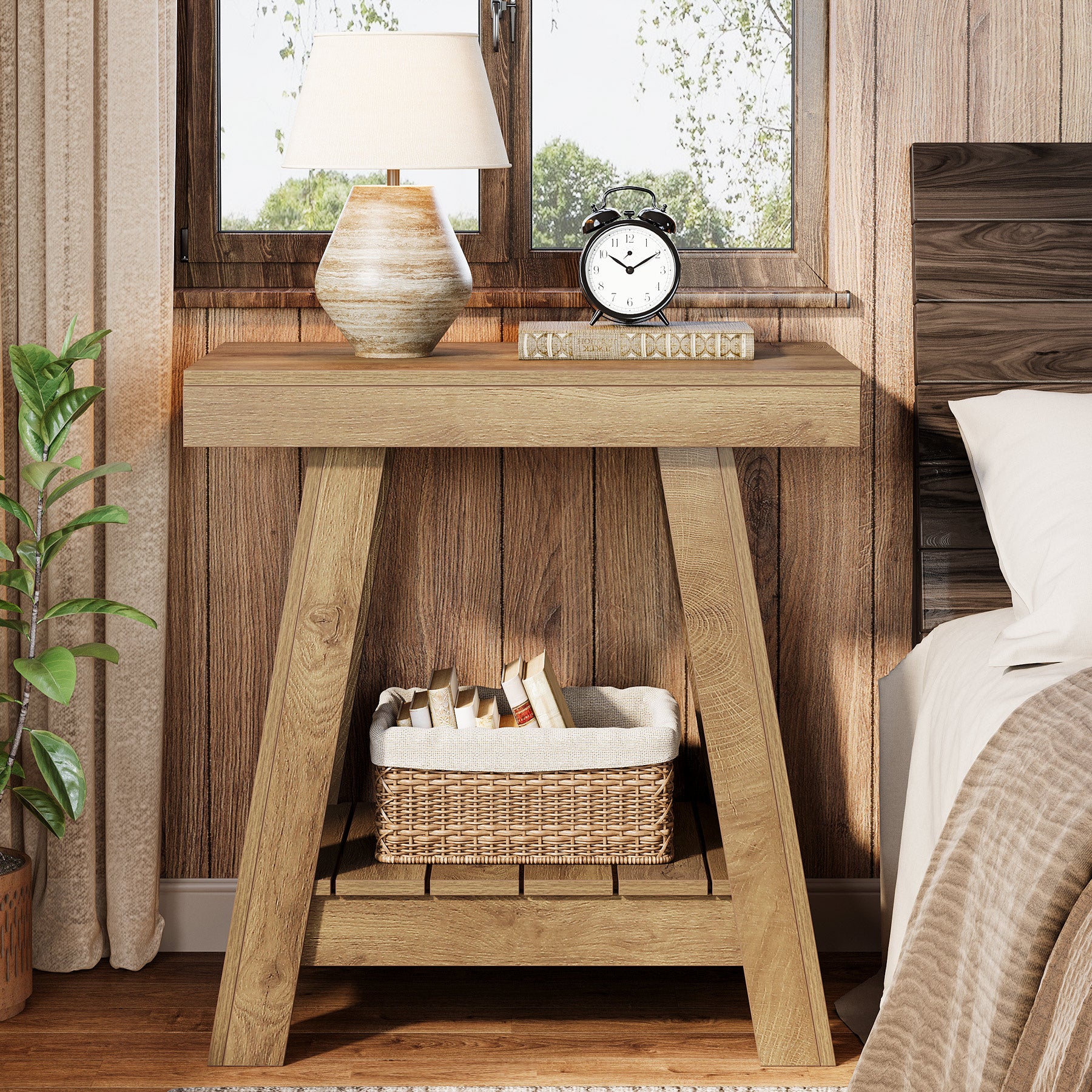 Tribesigns 23.6 Inch 2-Tier End Table with Trapezoidal Base, Farmhouse Side Table for Small Spaces