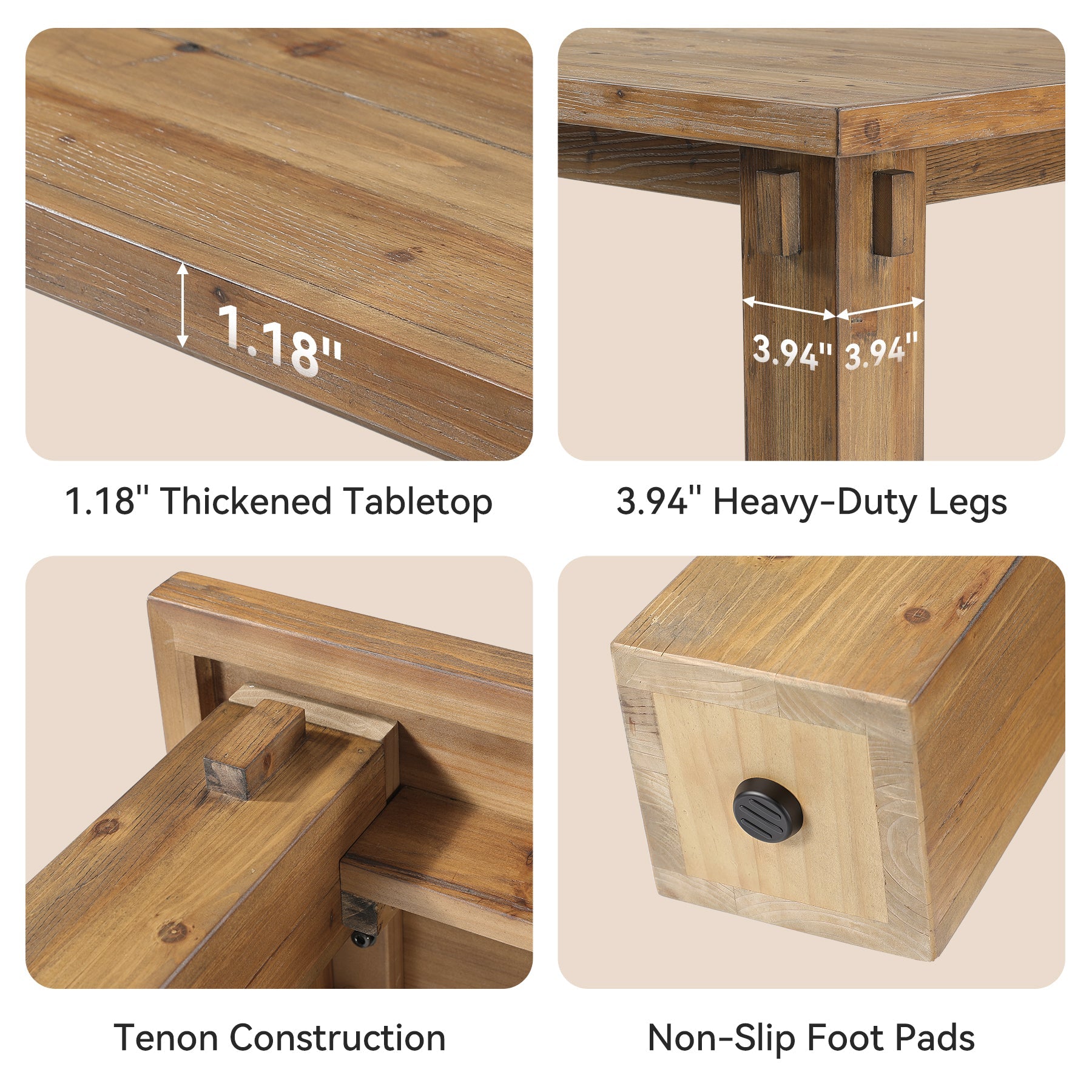 63-Inch Solid Wood Dining Table with Mortise-and-Tenon Legs, Farmhouse Table for 4-6