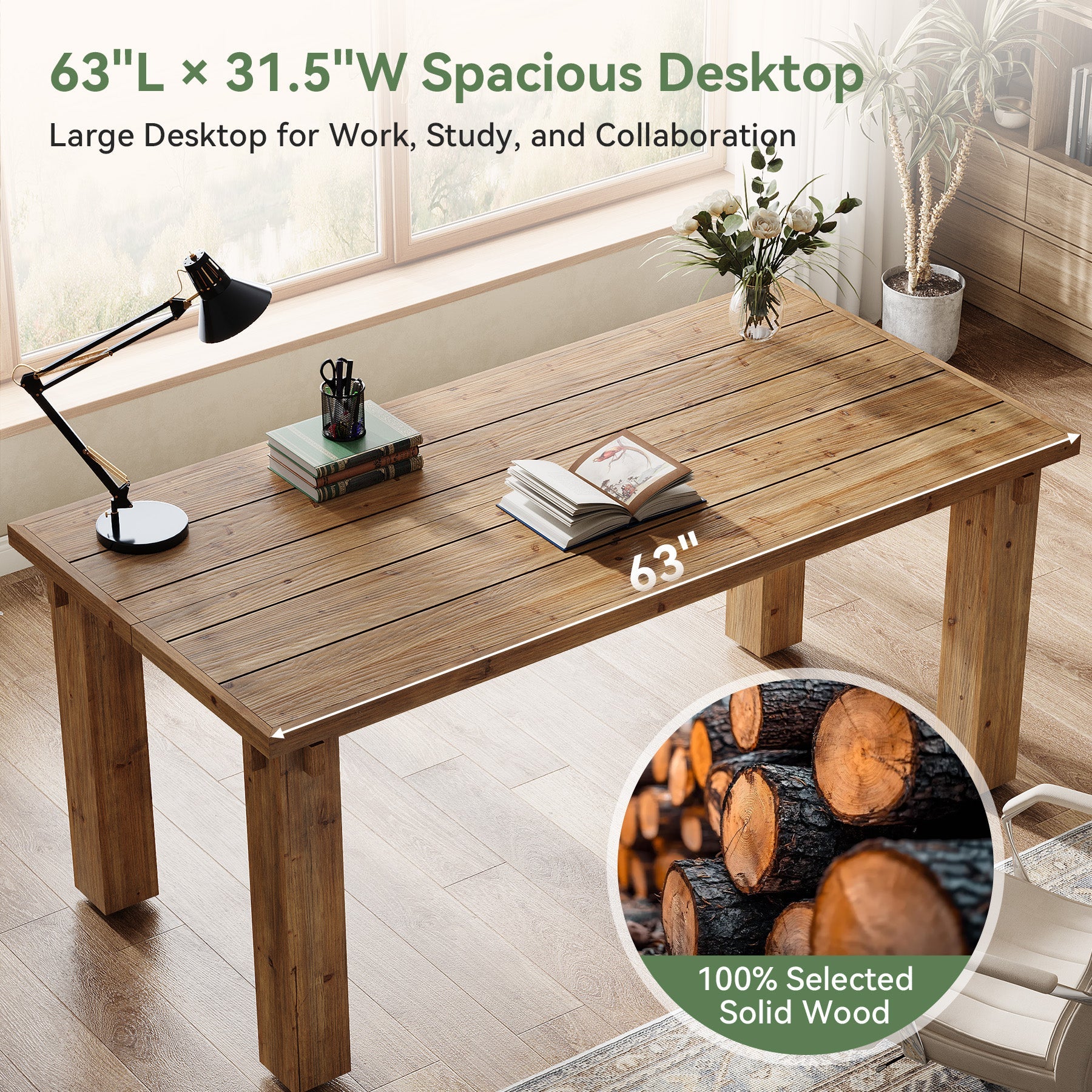 63-Inch Solid Wood Executive Desk with Thick Top, Farmhouse Computer Desk for Home Office