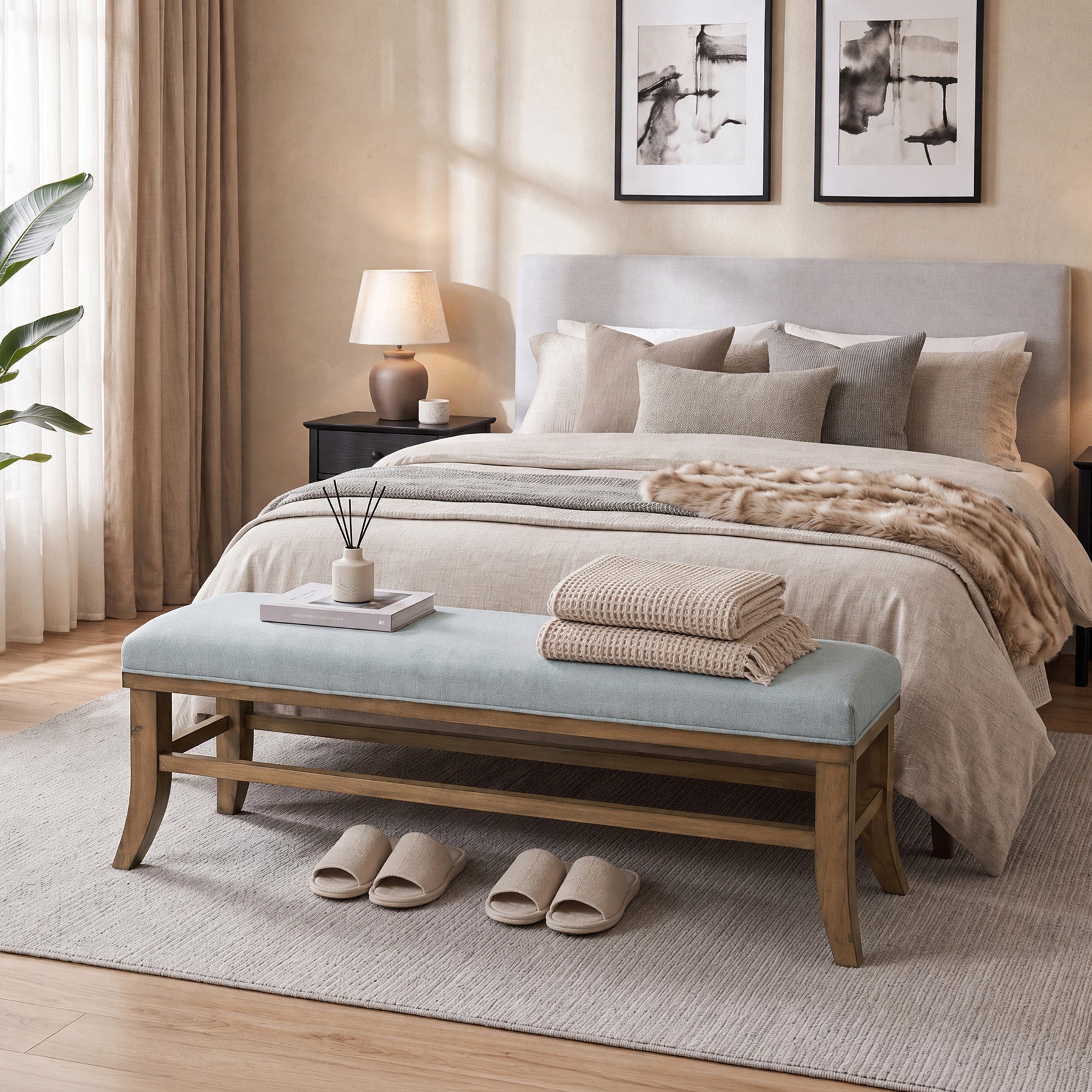 Tribesigns 55-Inch Upholstered Bench, Solid Pine Wood Frame with Cushion for Bedroom Entryway