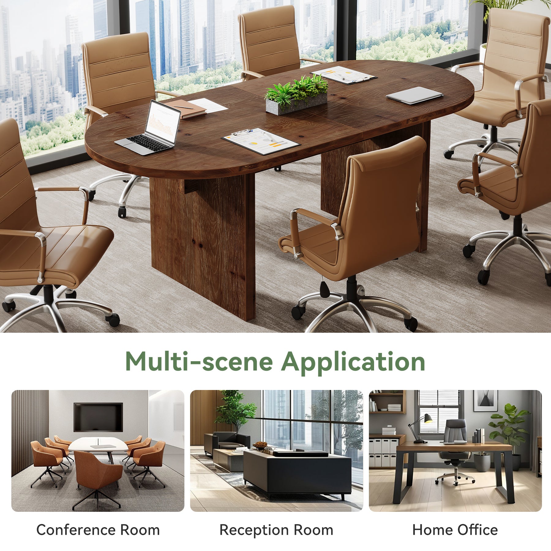 63-Inch Solid Wood Conference Table for 4 to 6 People with Oval Tabletop, Farmhouse Meeting Seminar Table