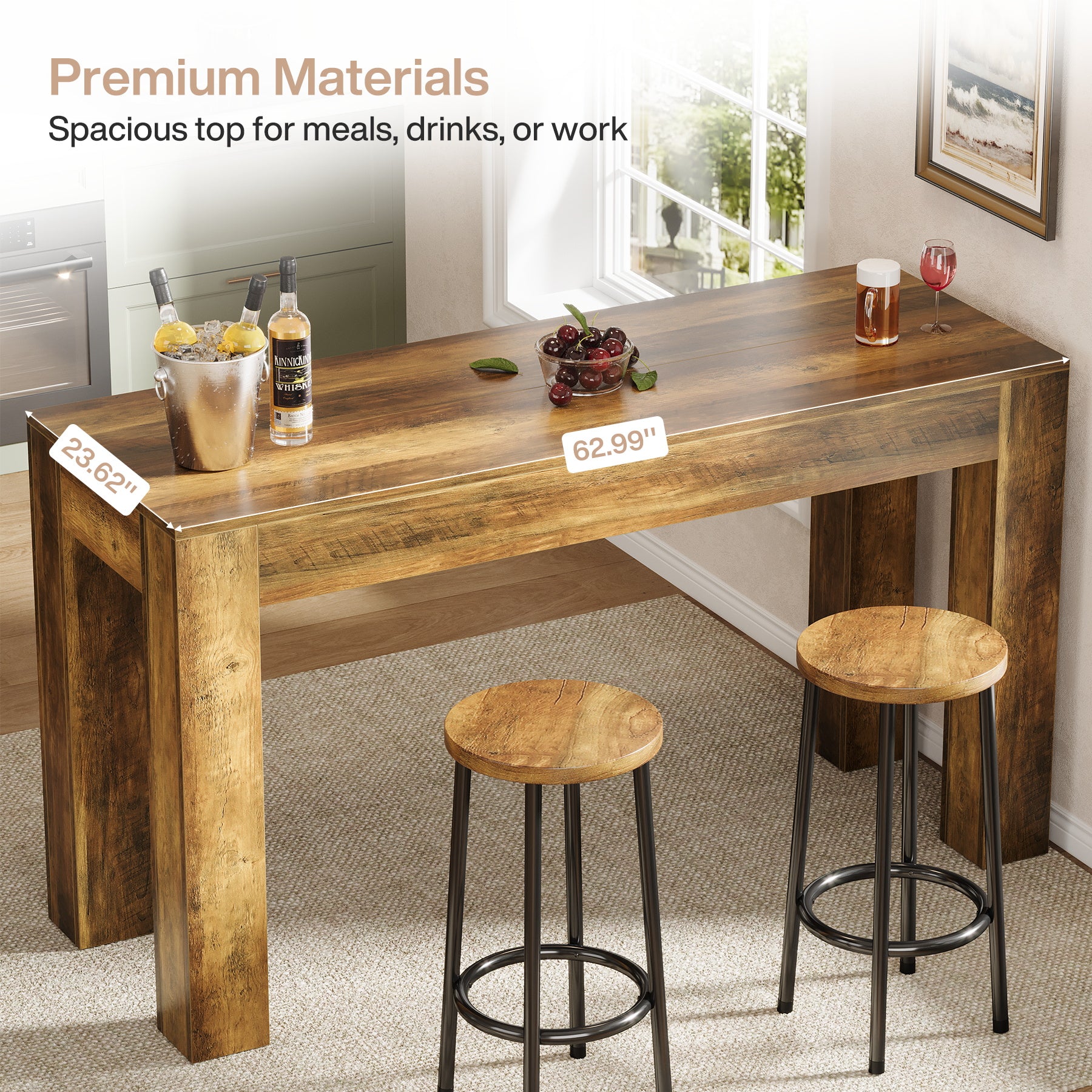 62.99-Inch Long Bar Table, Rectangular Counter Height Dining Table with 4 Sturdy Legs for Kitchen Home Bar