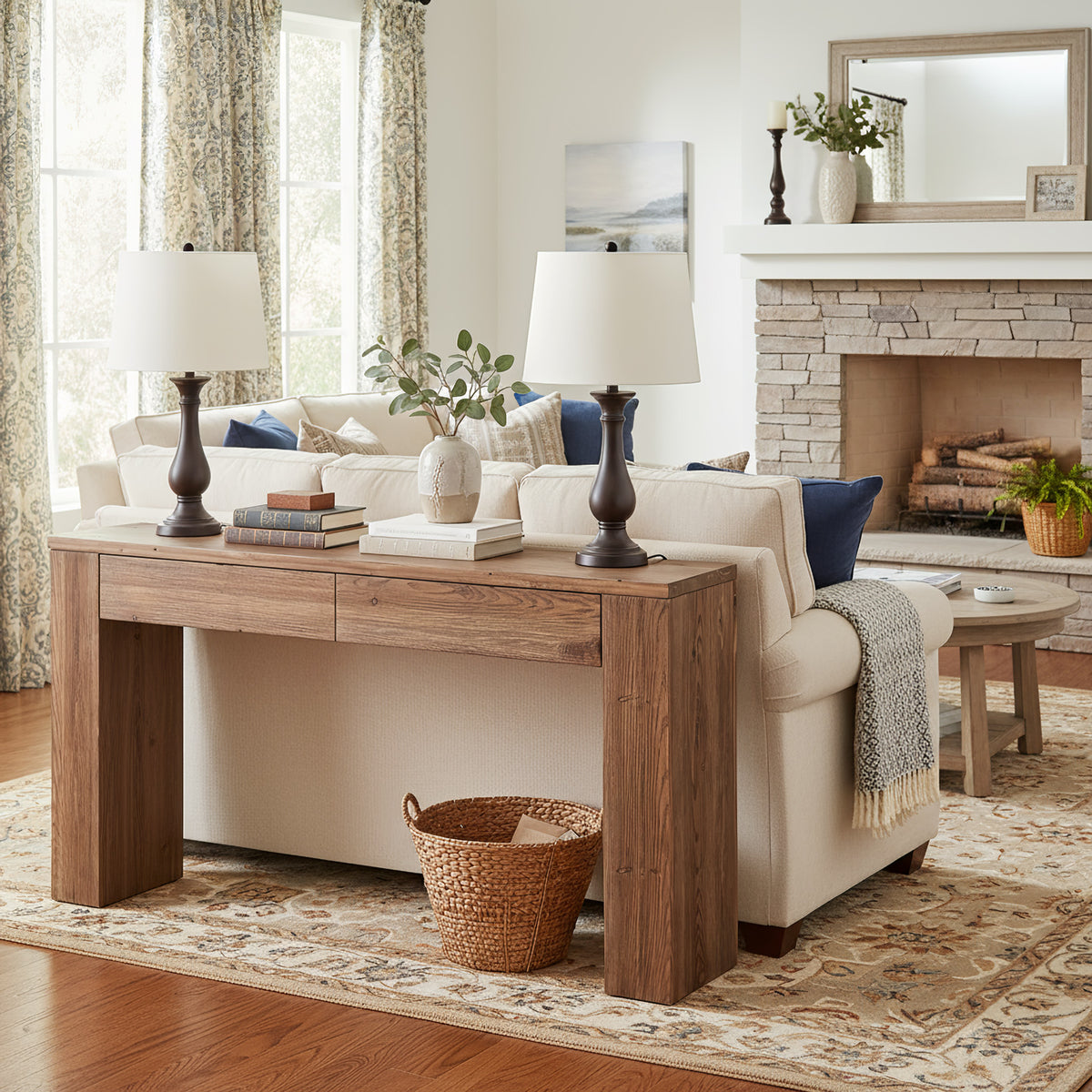 Tribesigns 63 Inch Solid Wood Sofa Table with 2 Drawers and Storage, Rustic Console Table for Living Room