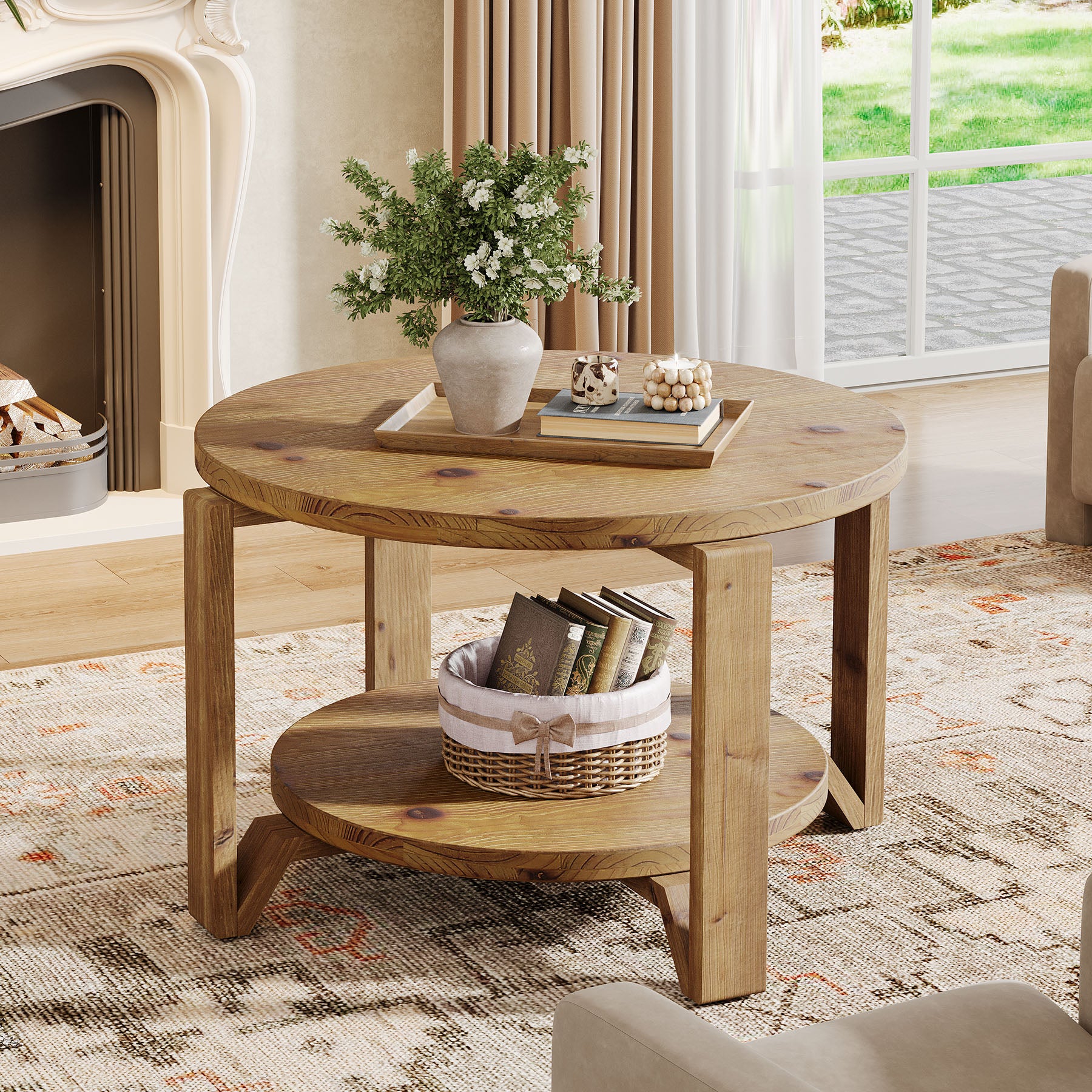30" Solid Wood Round Coffee Table, Two-Tier Farmhouse Center Table with Natural Texture in Warm Brown