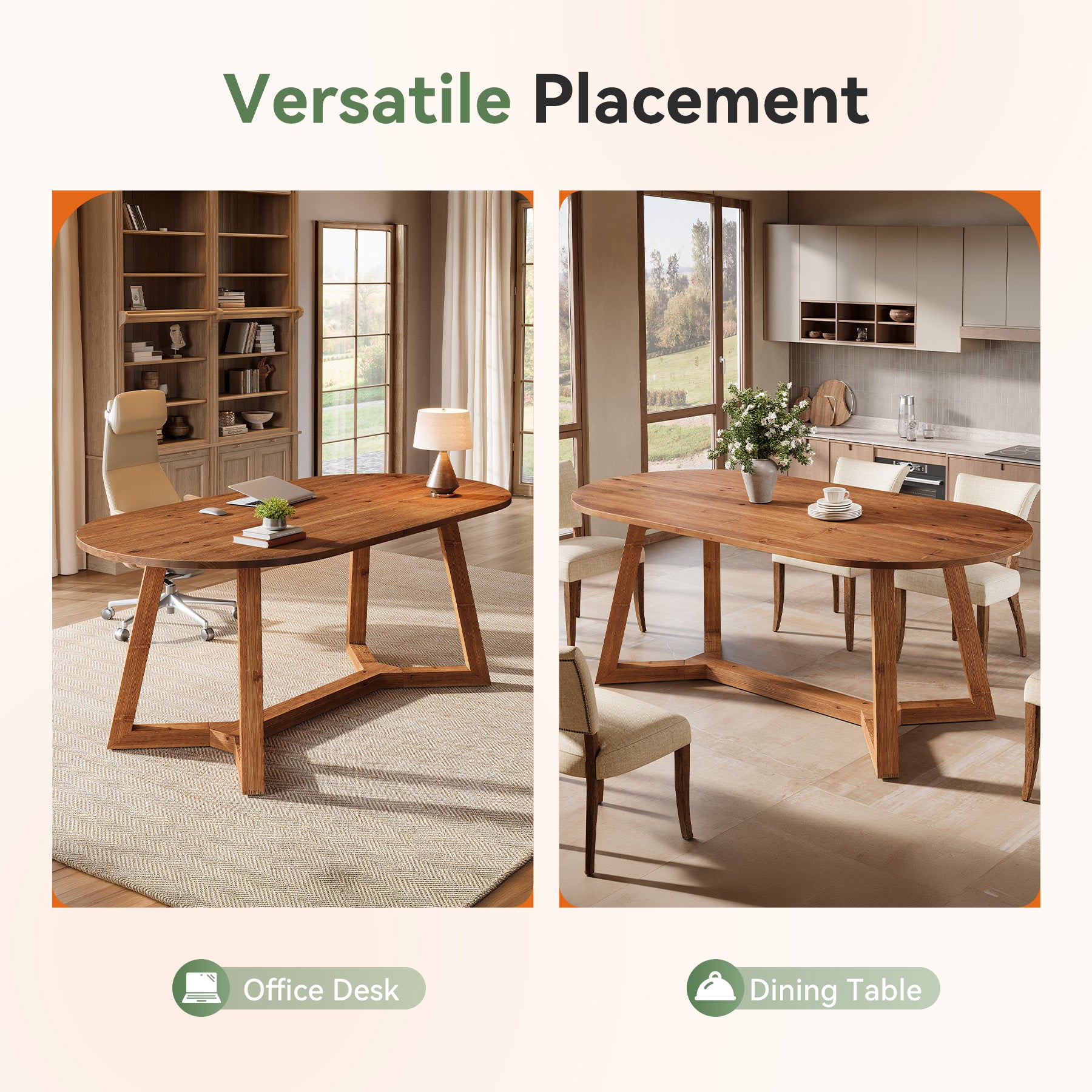 63" Solid Wood Office Desk, Oval Executive Desk with Tapered Legs