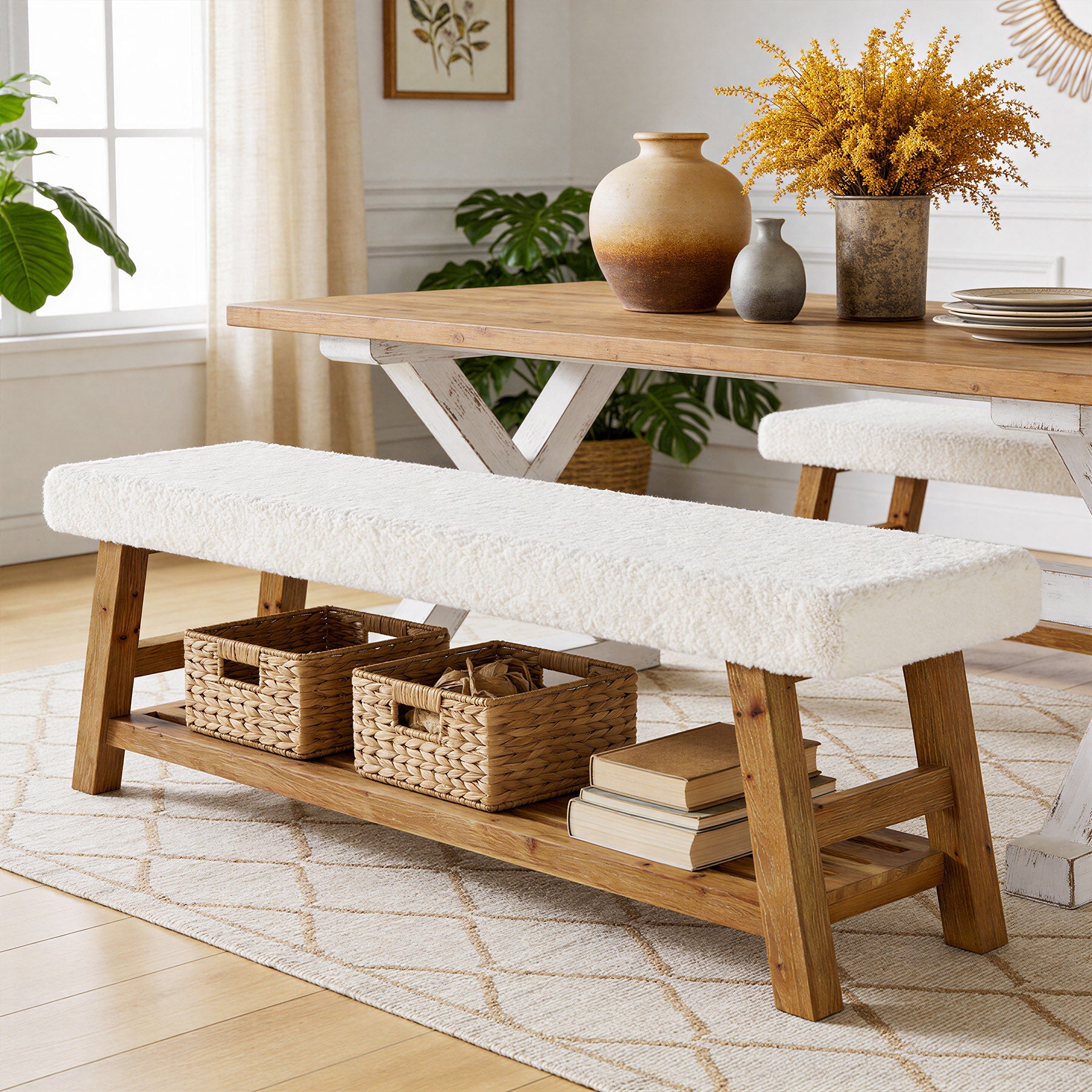 55-Inch Upholstered Dining Bench with Cushion and Storage Shelf