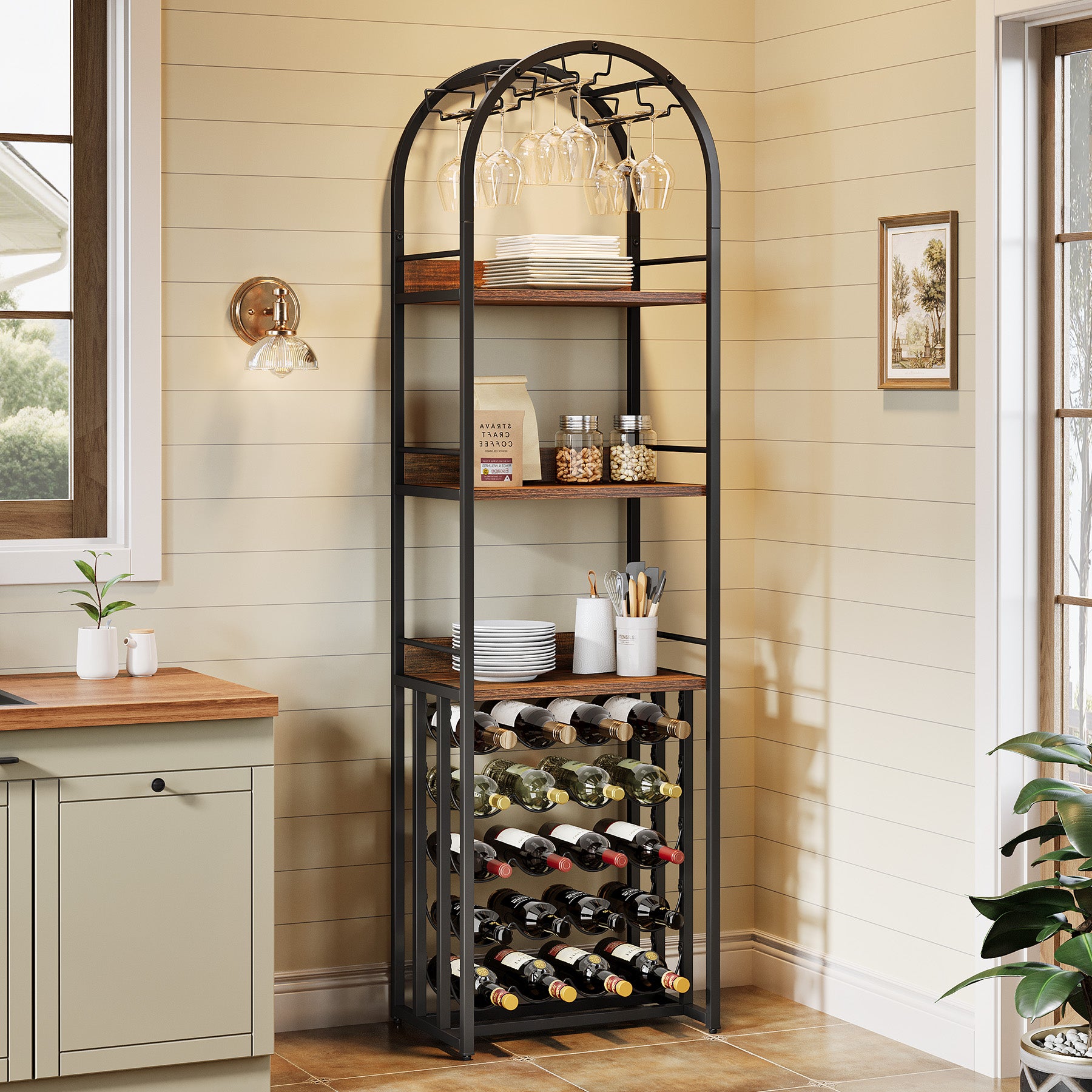 70.9" Tall Wine Rack with Glass Holder, Industrial Metal Wine Storage Stand with Tabletop