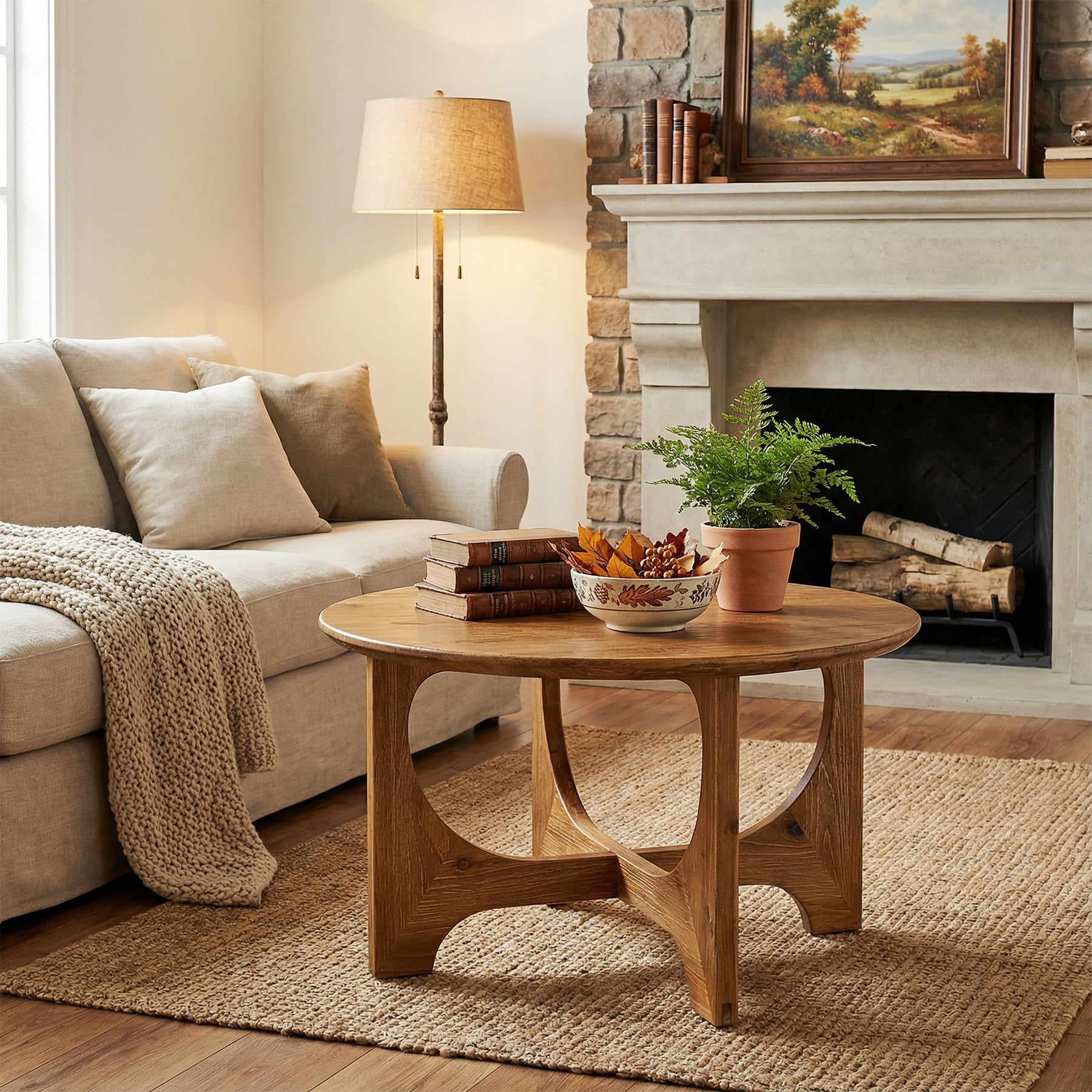 31.5" Round Solid Wood Farmhouse Coffee Table, Rustic Brown Small Space