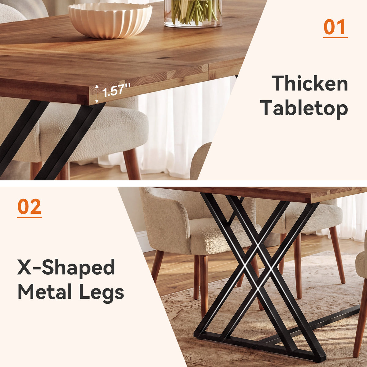 Tribesigns 63 Inch Solid Wood Dining Table with X-Shaped Metal Legs, Farmhouse Kitchen Table