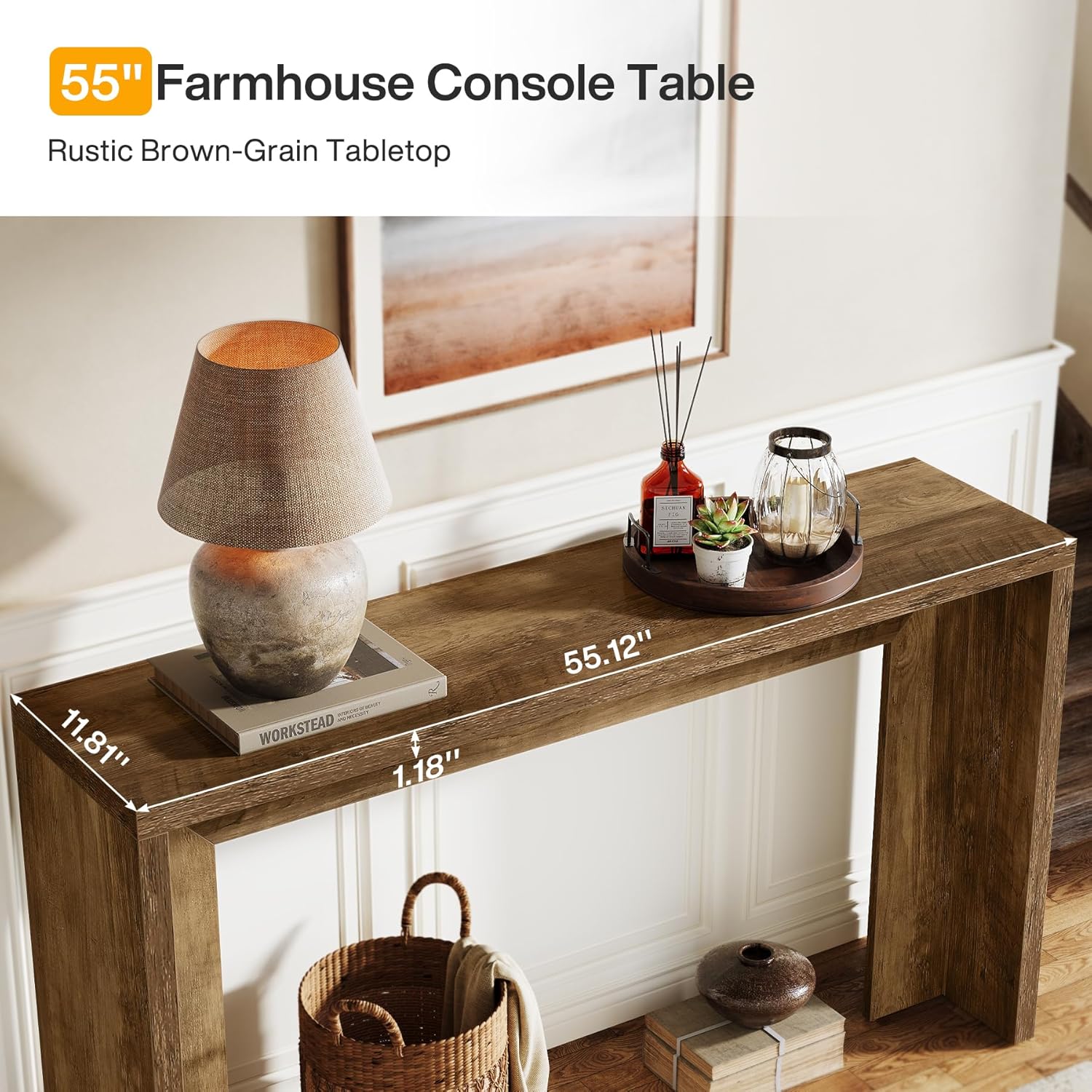 55" Farmhouse Console Table with Storage - Rustic Sofa Table for Hallway & Living Room