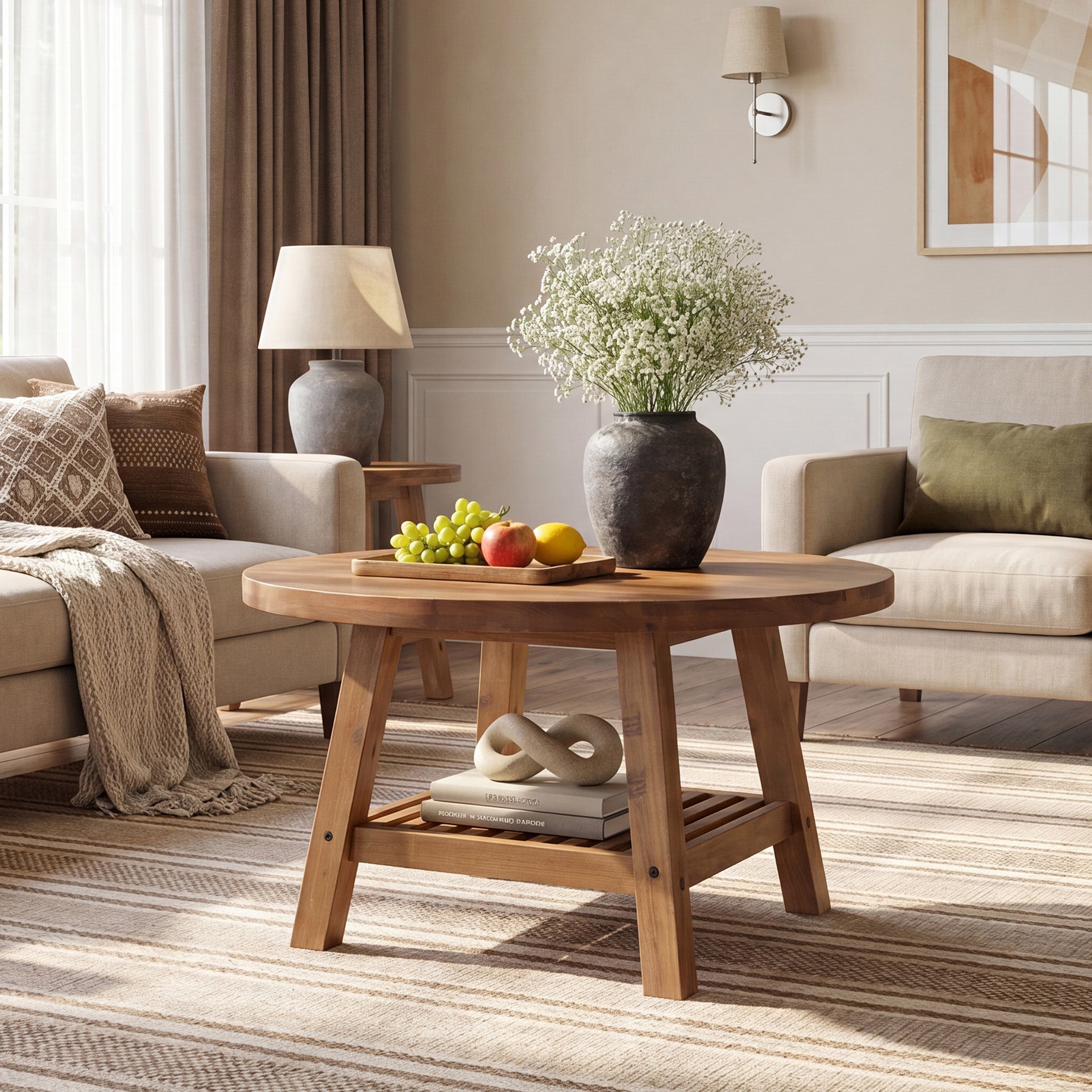 31.5 Inch Solid Wood Round Coffee Table with 2-Tier Storage, Living Room Center Table