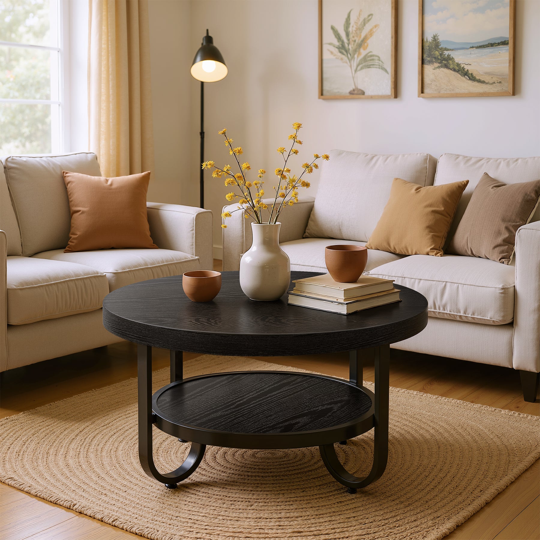 2-Tier Round Coffee Table with Storage, 31.5-Inch Center Cocktail Table
