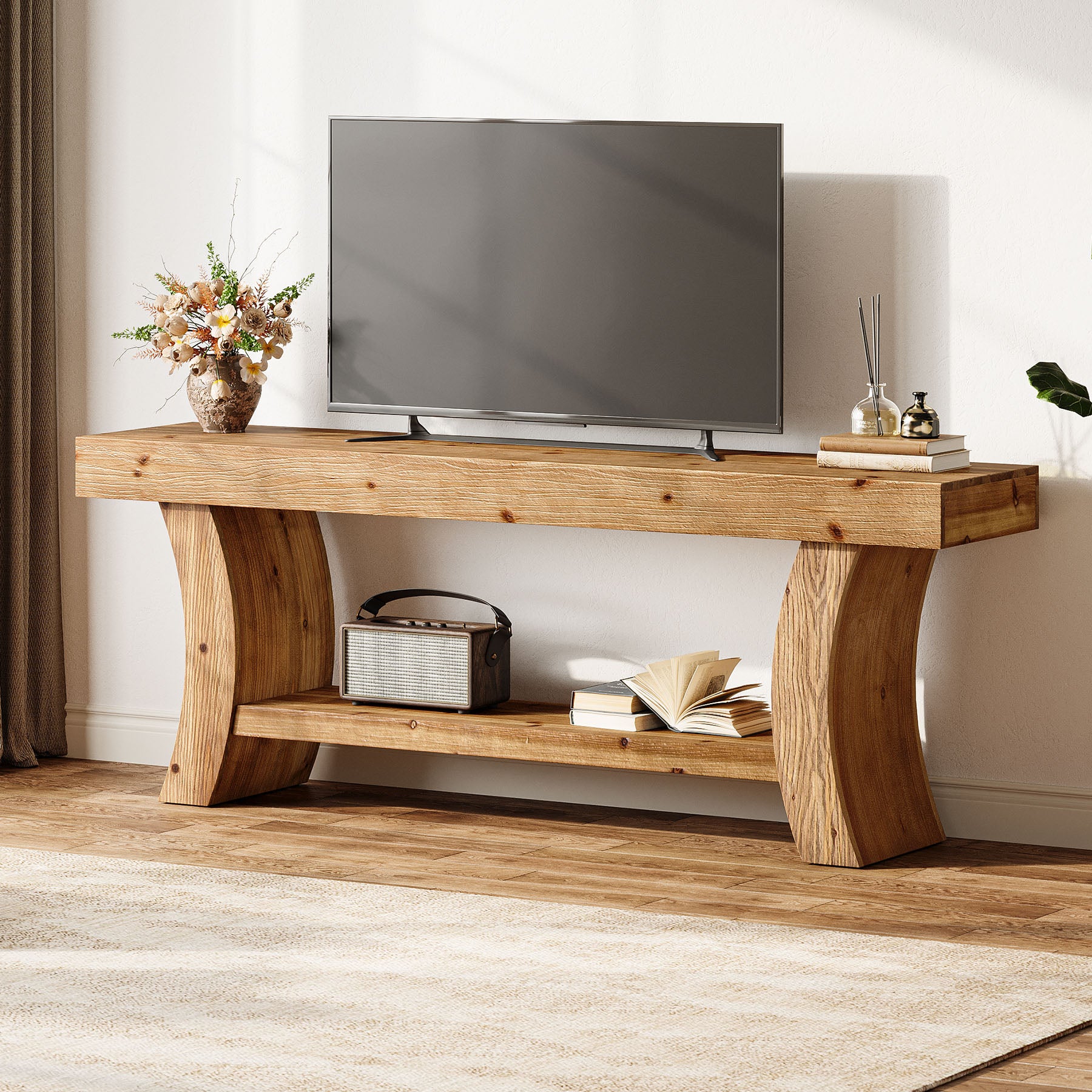 Tribesigns 63-Inch Solid Wood TV Stand with Curved Legs and 2-Tier Storage, Farmhouse Entertainment Center for Living Room and Bedroom