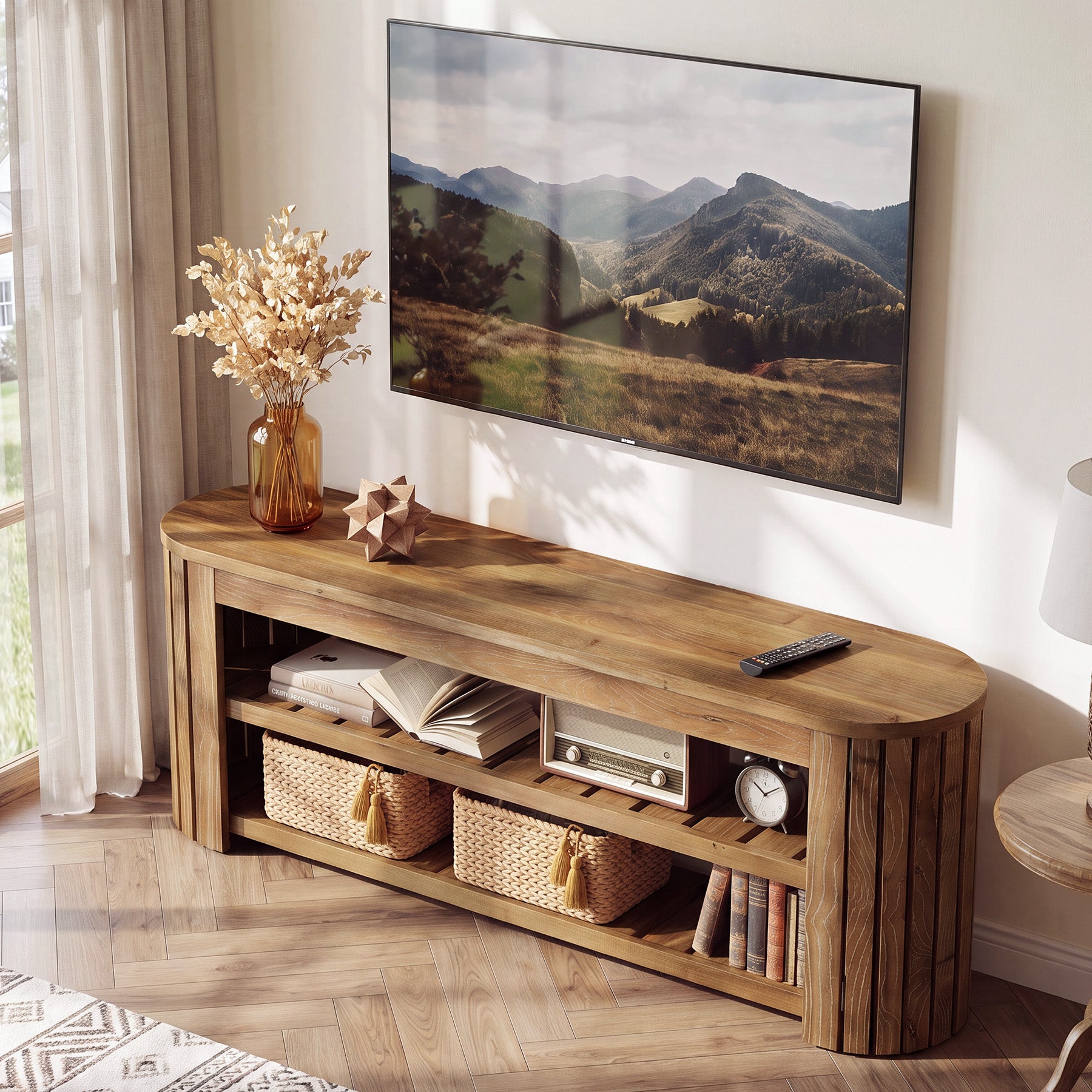 63 Inch Solid Fir Wood TV Stand with Rounded Top, Farmhouse Media Console with Shelves
