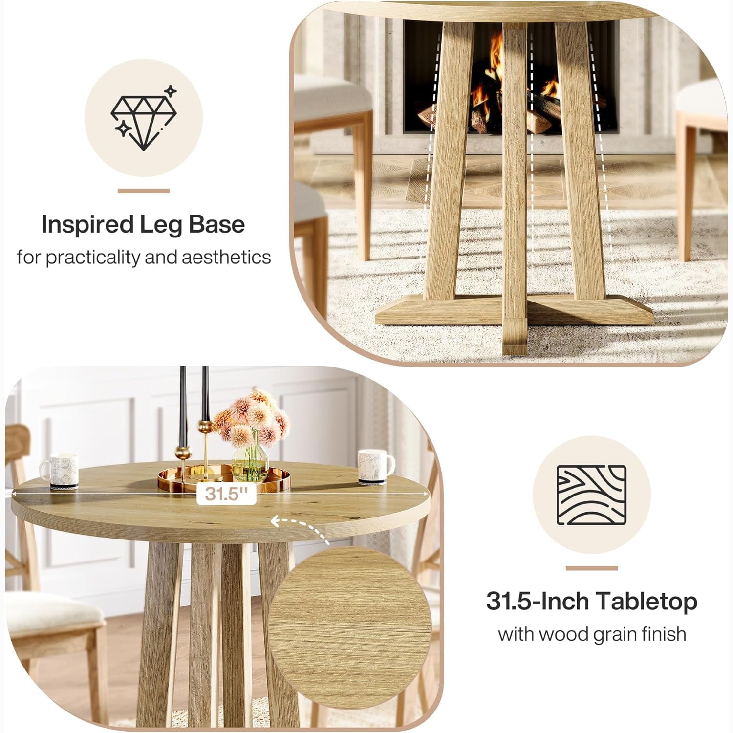 31.5" Round Farmhouse Dining Table for Small Spaces - Sturdy Base, Seats 2-4