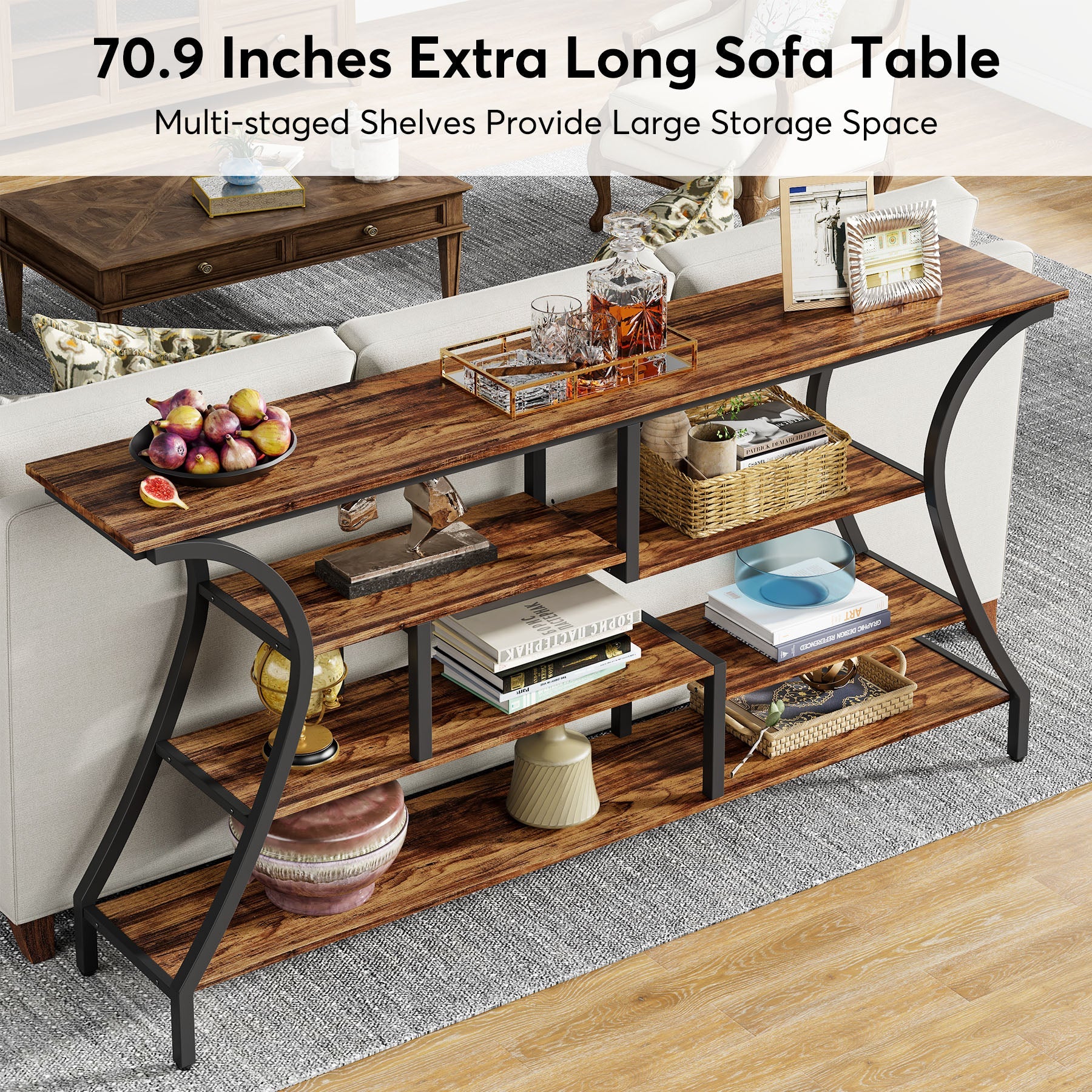 Industrial Console Table, 70.9" Extra Long Entryway Table with Storage Shelves Tribesigns