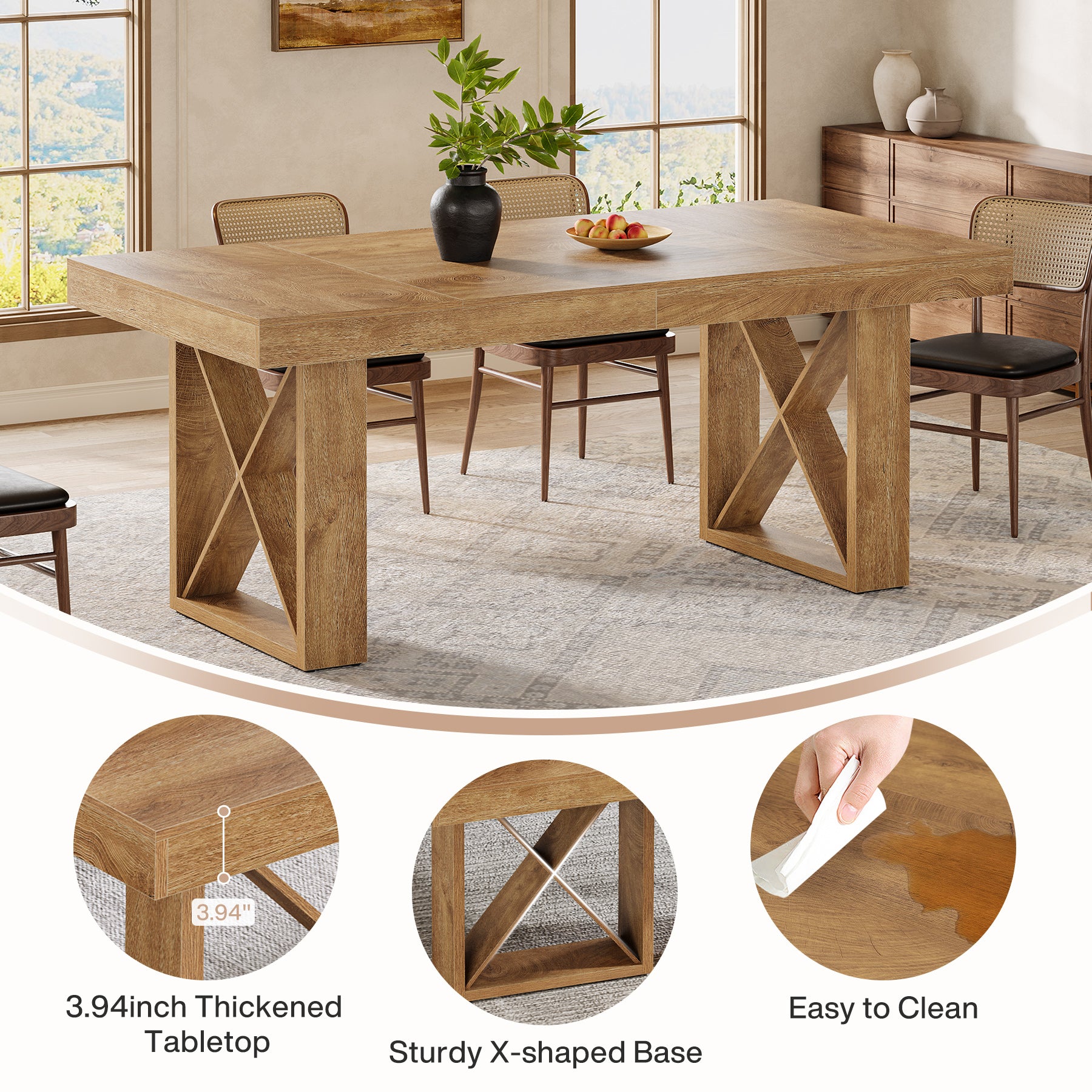 63 Inch Dining Table for 4 People, Farmhouse Kitchen Table with Thick Top for Dining Room Living Room