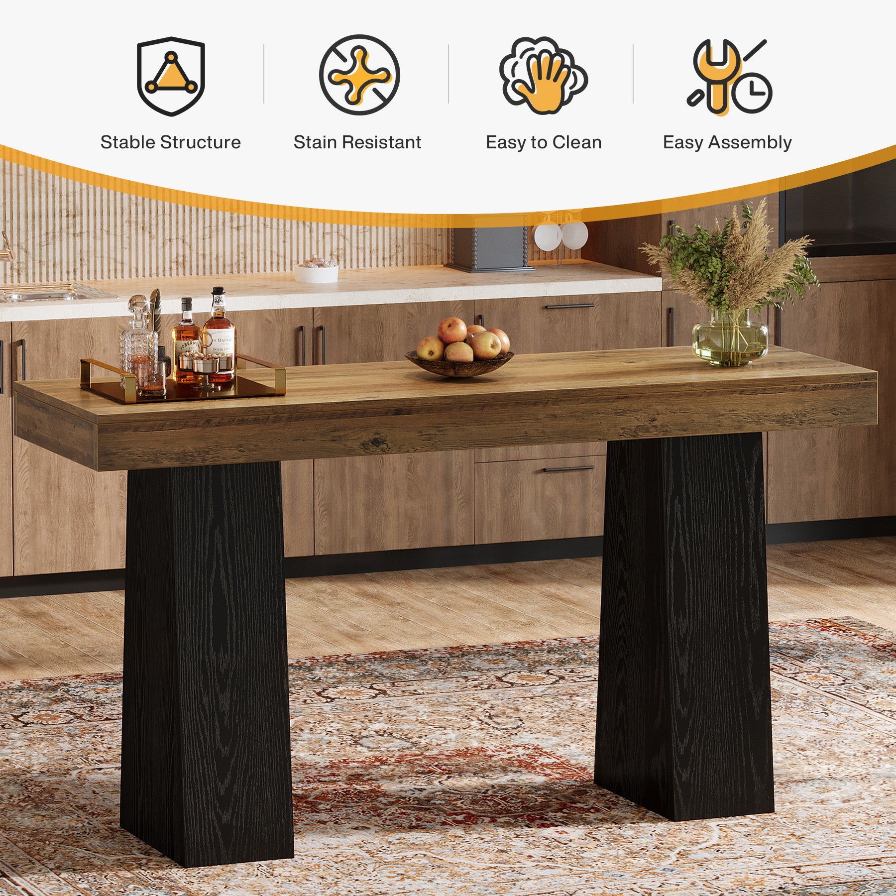63-Inch Bar Height Table with Thick Top, Rustic Wood Counter Table for Kitchen