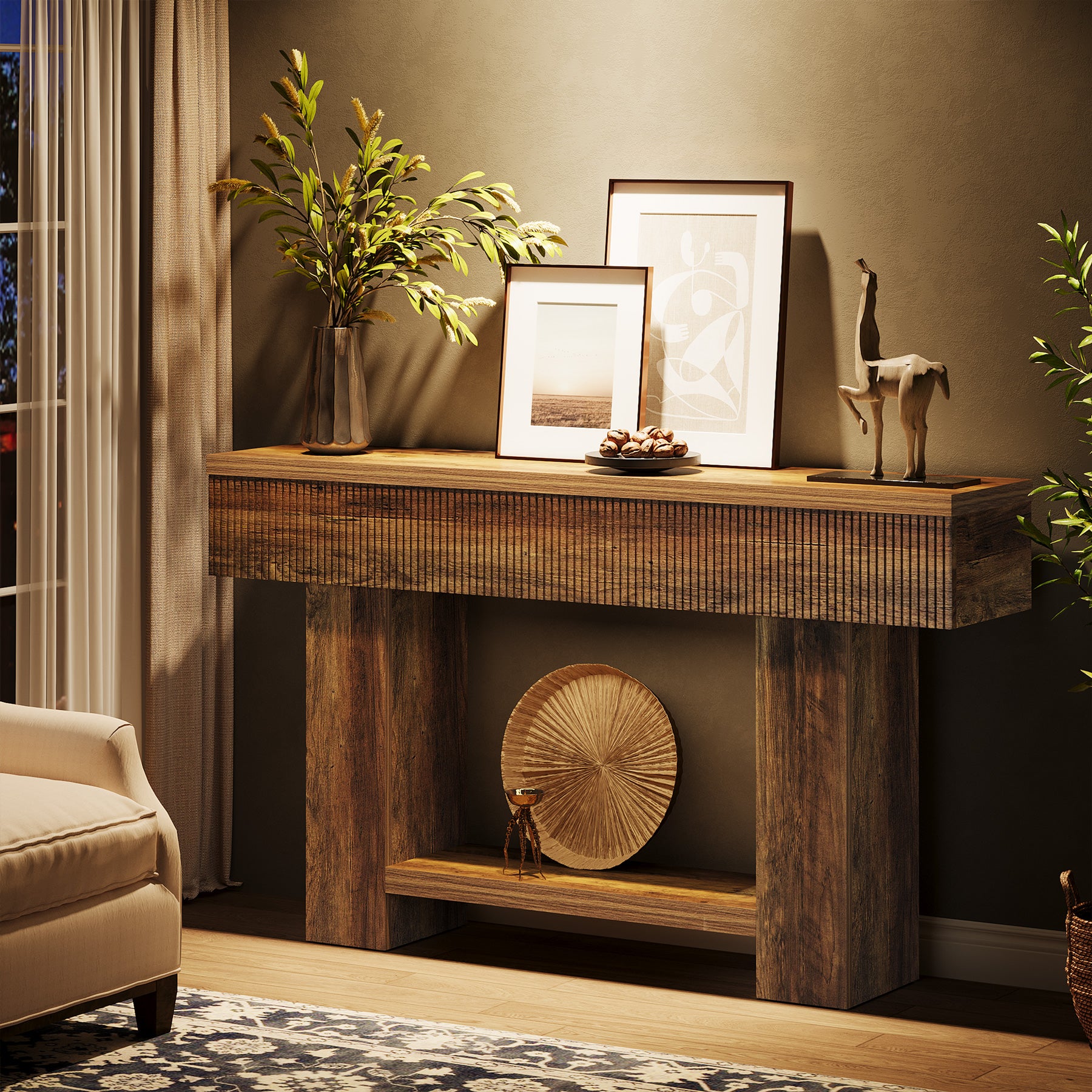 55-Inch Farmhouse Console Table with 2-Tier Storage and U-Shaped Base, Narrow Entryway Sofa Table for Hallway