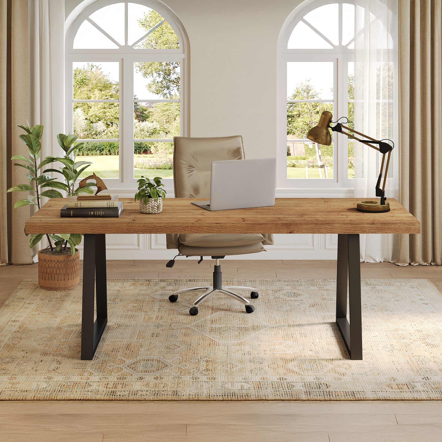 Tribesigns 63-Inch Industrial Executive Desk with Solid Wood Panels and Metal Legs, Computer Writing Desk for Home Office Study and Small Conference Room
