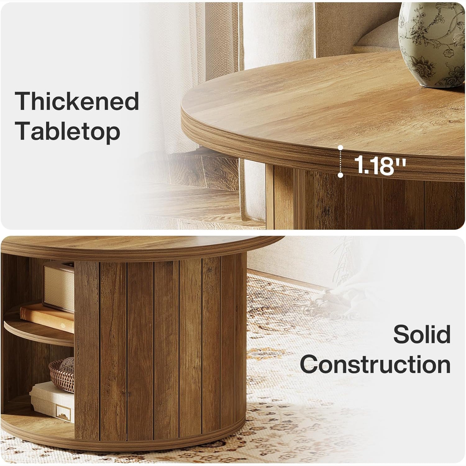 31.5" Round Rustic Storage Coffee Table - Small Circle Center Table with Shelf for Living Room