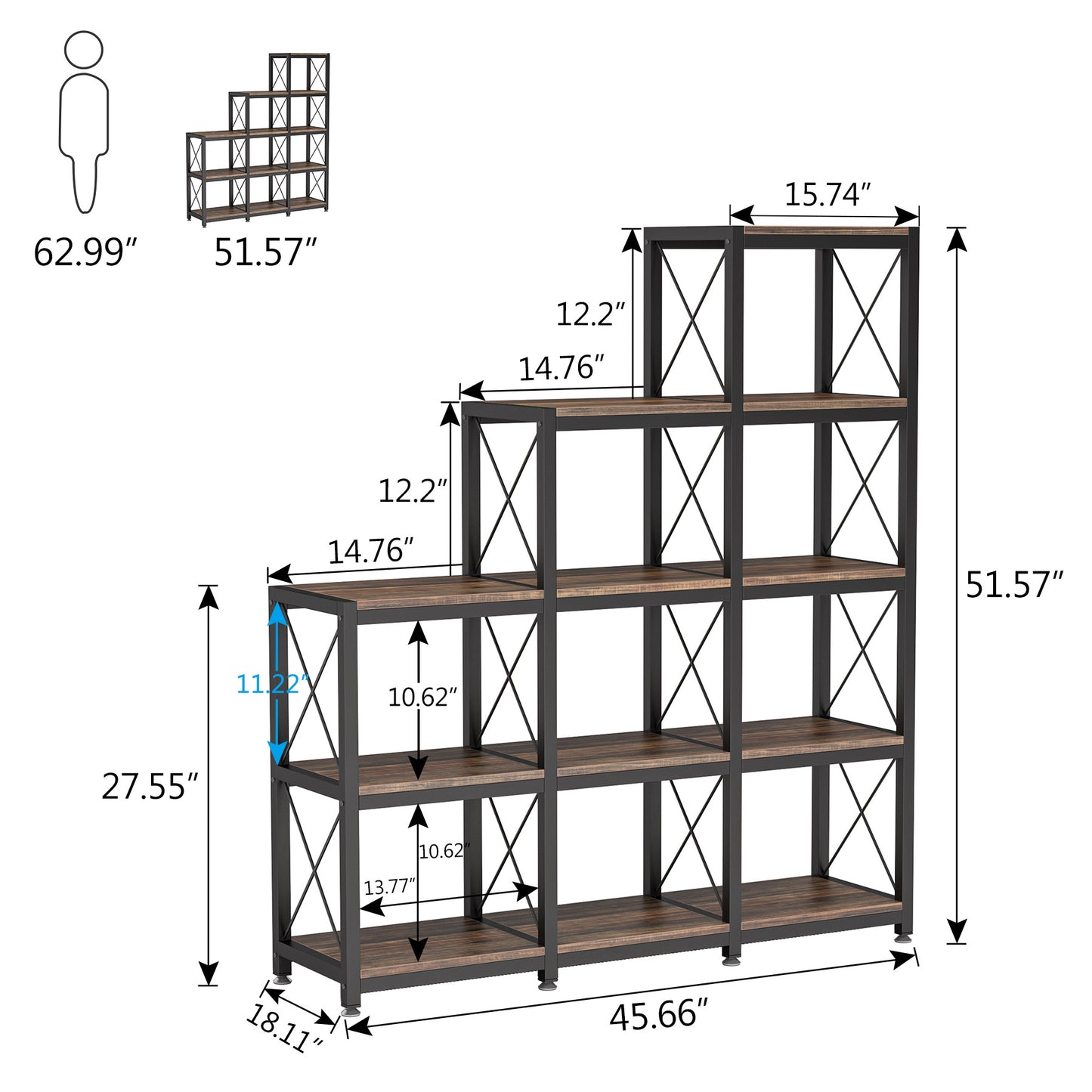 Ladder Bookshelf, 12 Shelves Industrial Etagere Bookcase