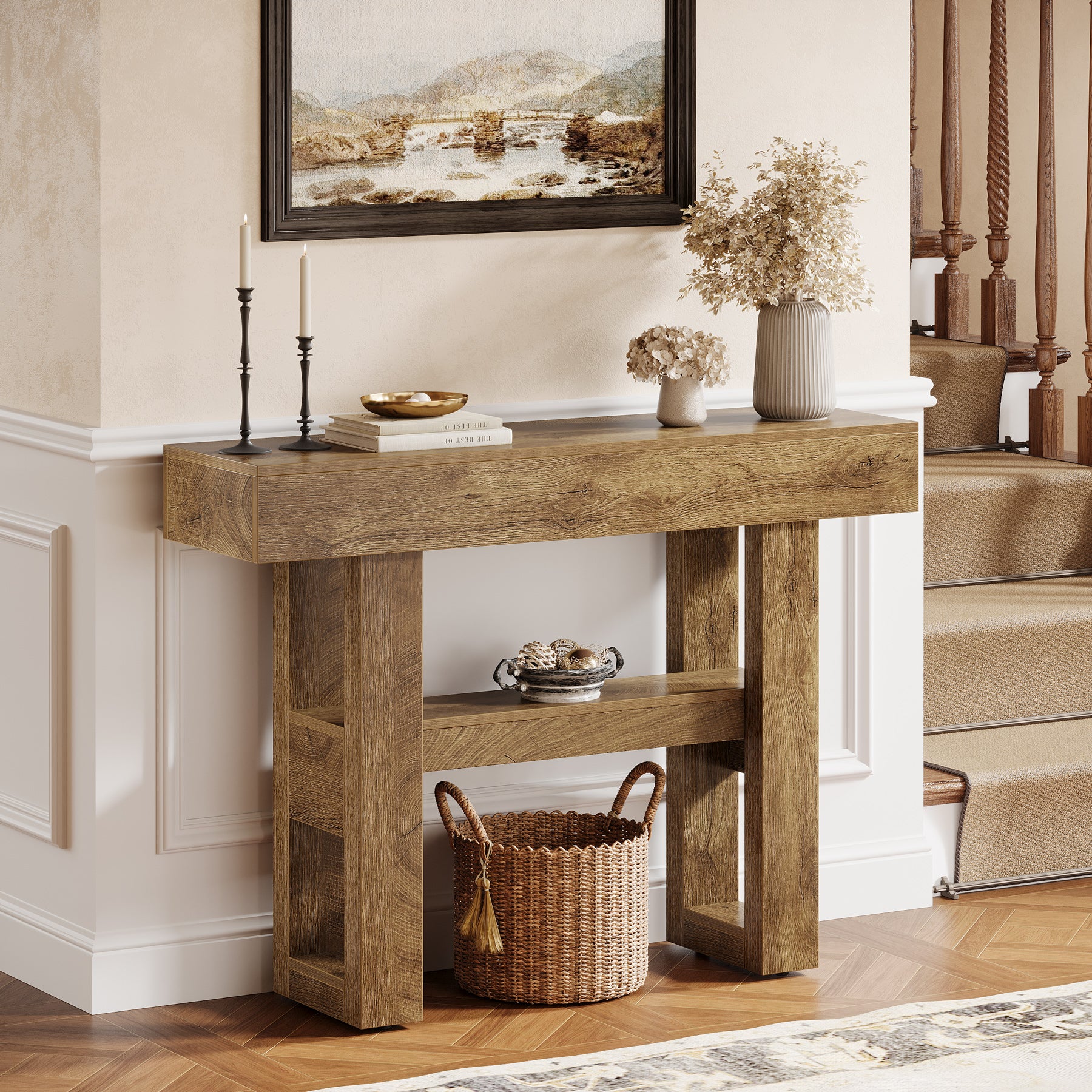 41.34" Console Table with 2 Tier Storage, Rustic Narrow Entryway Sofa Table for Hallway