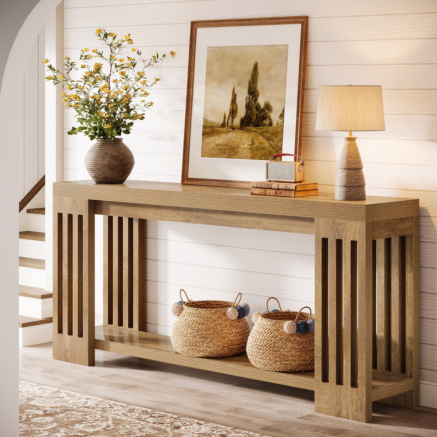Tribesigns 70.9-Inch Farmhouse Console Table with Vertical Stripe Legs, 2-Tier Sofa Table for Living Room