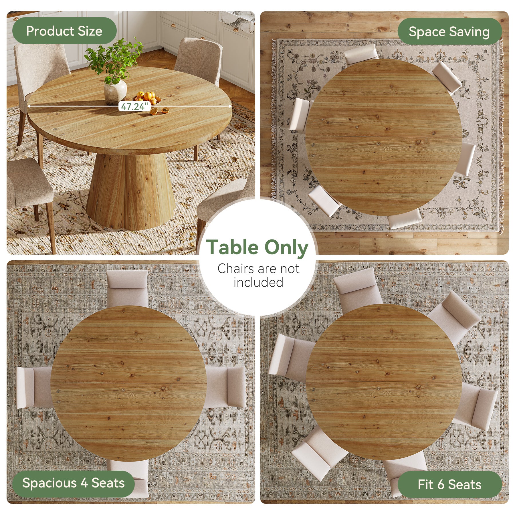 Tribesigns 47.24-Inch Solid Wood Dining Table, Farmhouse Round Kitchen Table with Pedestal Base for Dining Room