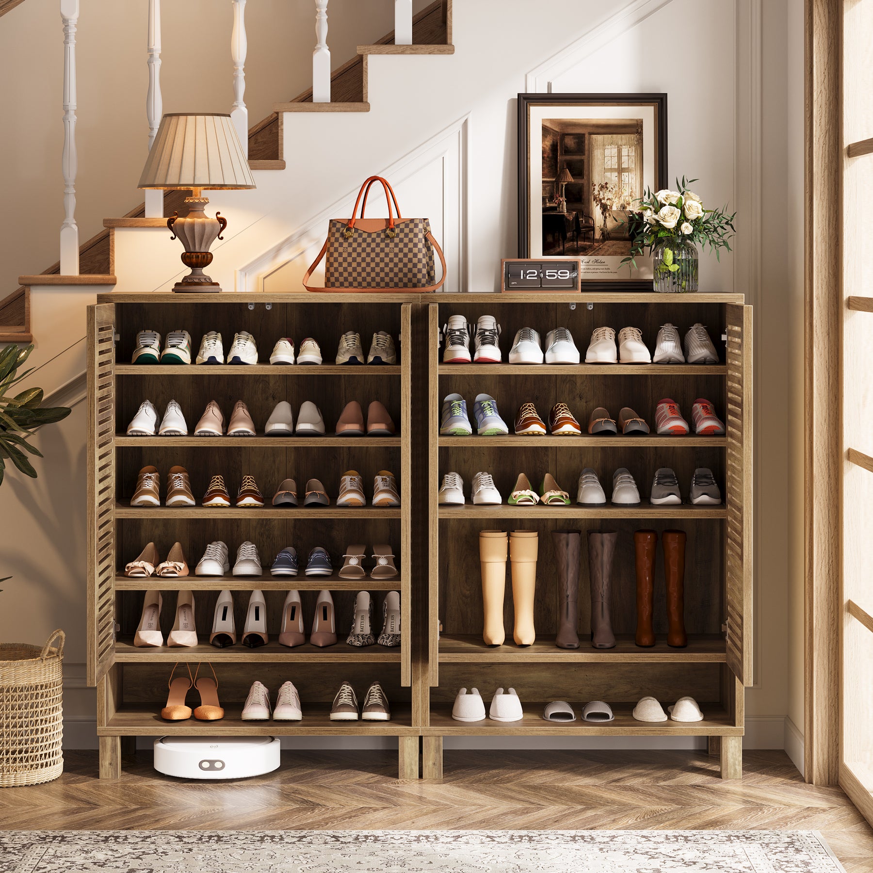 Free-Standing Shoe Cabinet, Narrow Farmhouse Wooden Organizer with 6 Shelves