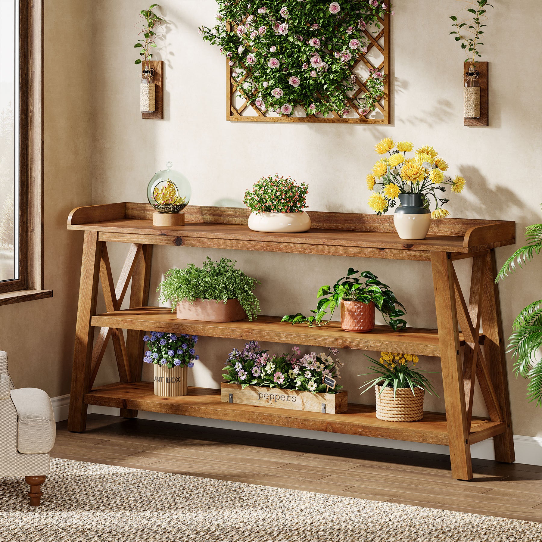 Tribesigns 63-Inch Solid Wood Console Table with X-Frame, 3-Tier Hallway Table for Living Room